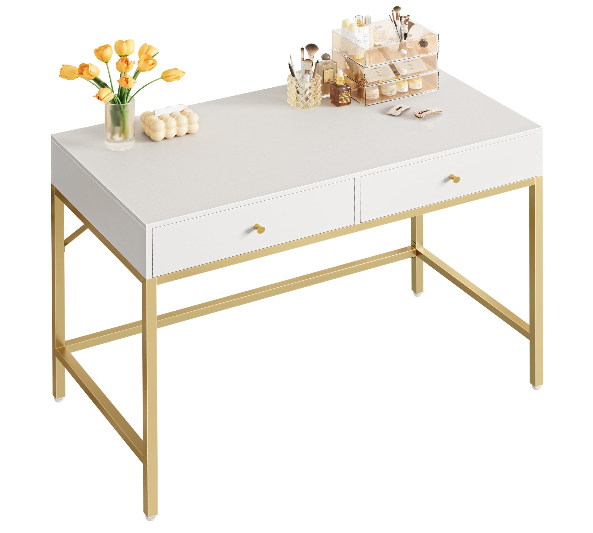 SUPERJARE Vanity Desk with Drawers, 47 inch Computer Desk, Modern Simple Home Office Desks, Makeup Dressing Table for Bedroom - White and Gold