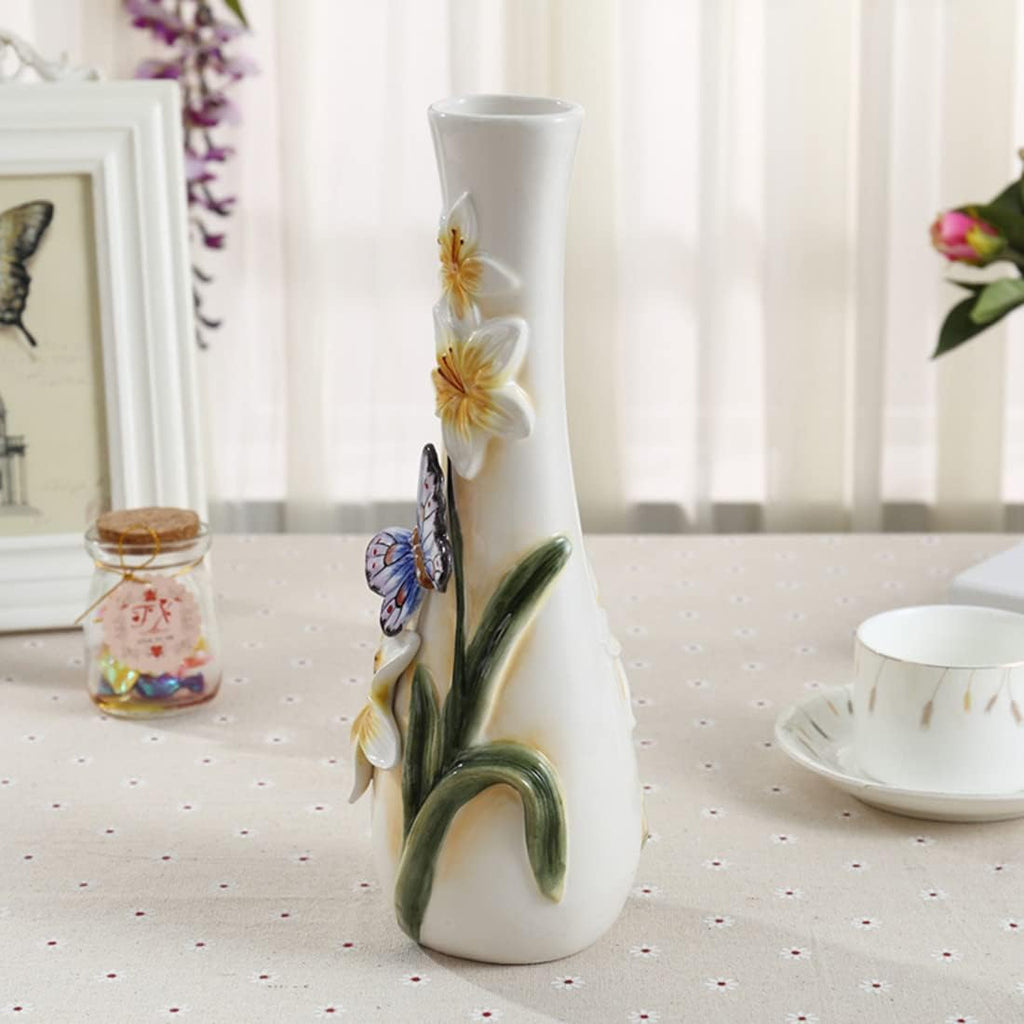 Ceramic Vase, Hand-Painted Butterflies and Lilies Flowers Home Decor Bouquet Holder- 10" Tall