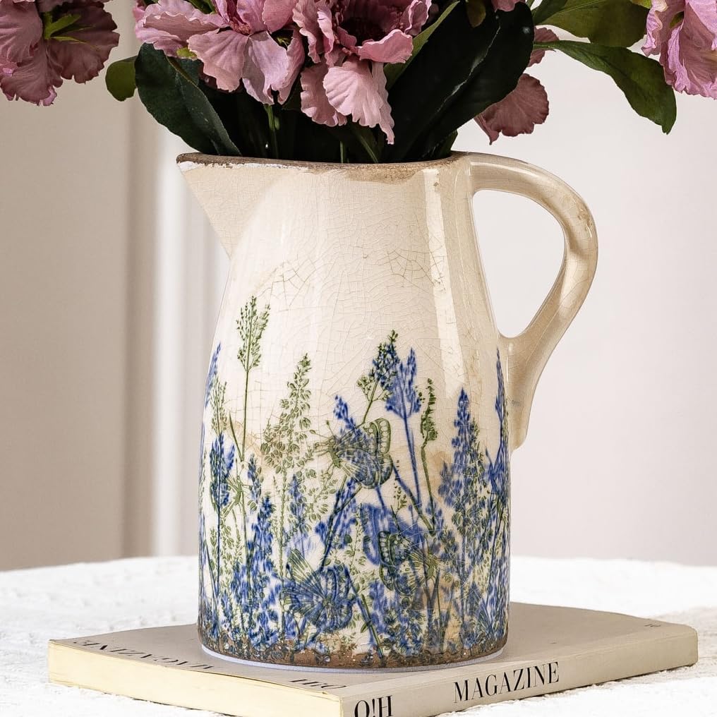 Vintage Ceramic Pitcher Vase with Handle 10.5”, Green & Pink Floral Farmhouse Vase, Chinoiserie Decorative Centerpiece for Living Room, Bookshelf