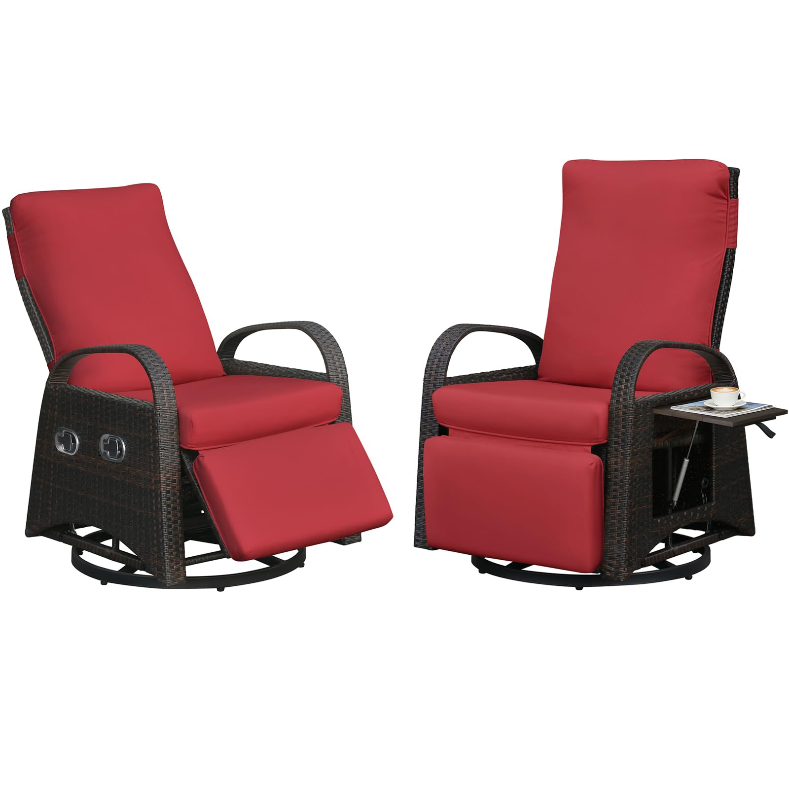 Skypatio Outdoor Patio Swivel Recliner Chair, Independently Adjustable Backrest and Footrest Patio Wicker Reclining Lounge Chair with Flip Side Table for Indoor, Balcony, Porch(Light Khaki)
