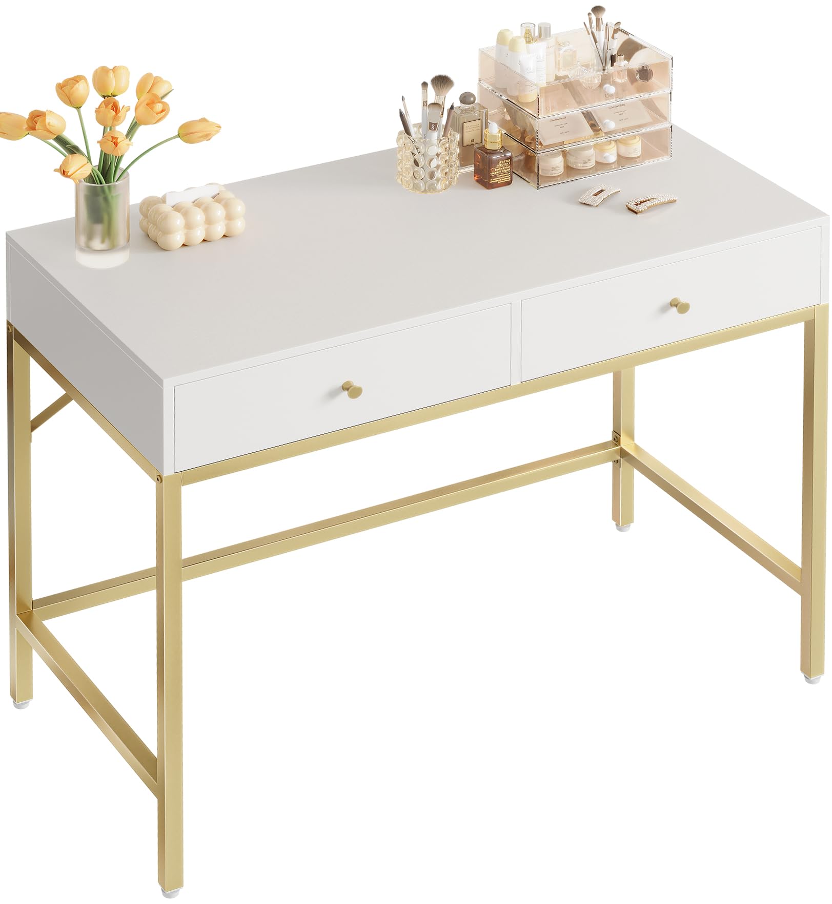 SUPERJARE Vanity Desk with Drawers, 47 inch Computer Desk, Modern Simple Home Office Desks, Makeup Dressing Table for Bedroom - White and Gold