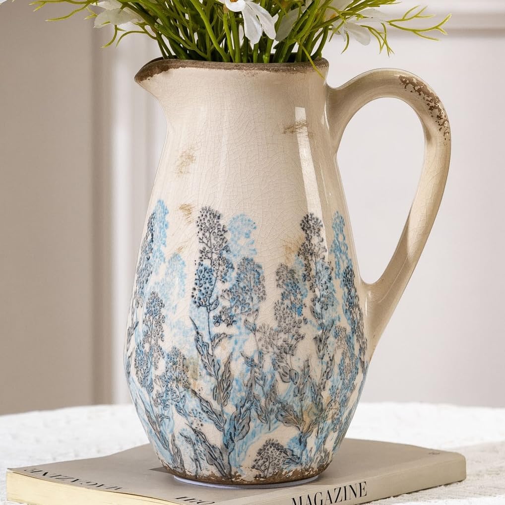 Vintage Ceramic Pitcher Vase with Handle 10.5”, Green & Pink Floral Farmhouse Vase, Chinoiserie Decorative Centerpiece for Living Room, Bookshelf