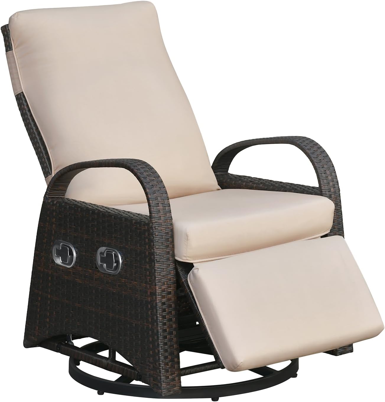 Skypatio Outdoor Patio Swivel Recliner Chair, Independently Adjustable Backrest and Footrest Patio Wicker Reclining Lounge Chair with Flip Side Table for Indoor, Balcony, Porch(Light Khaki)
