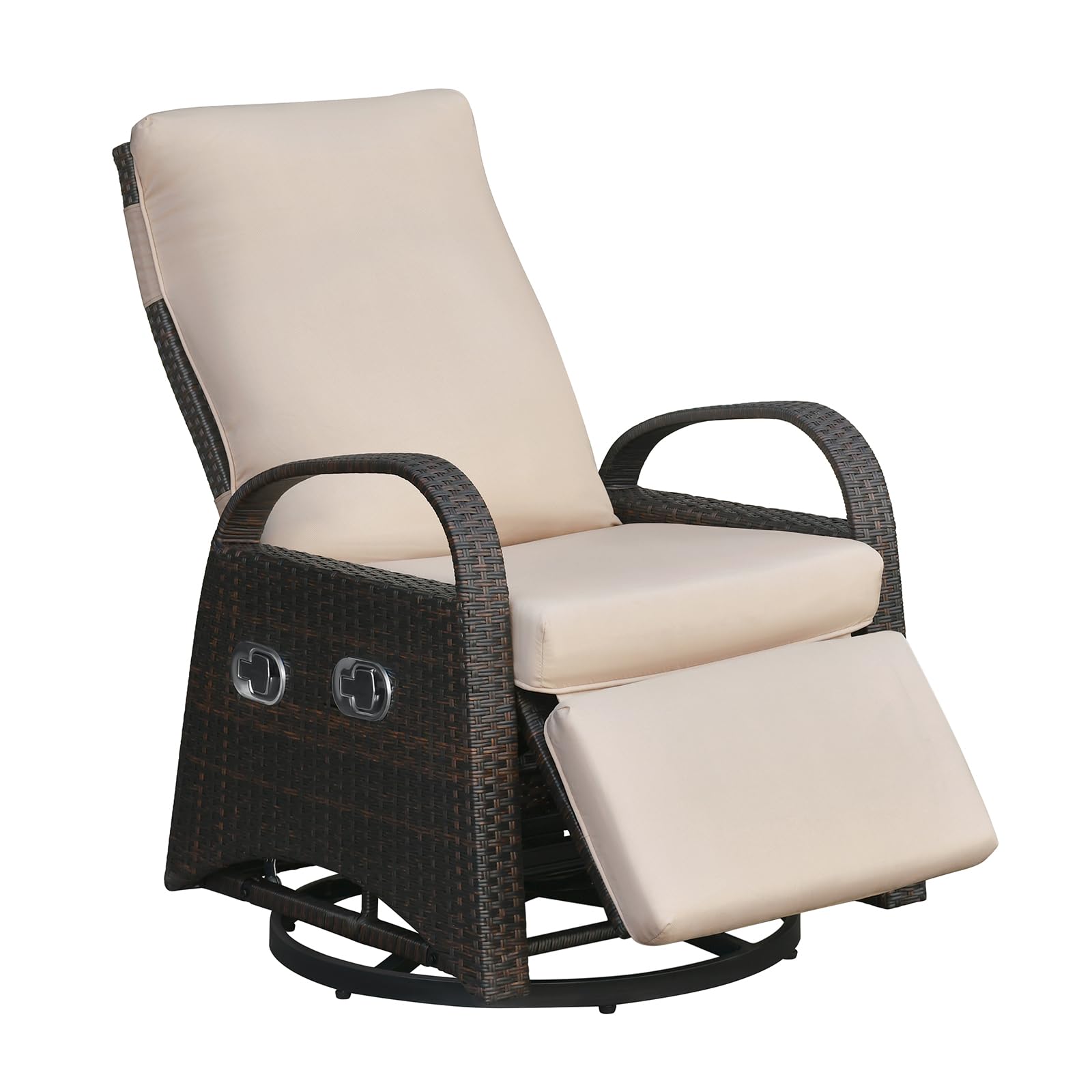 Skypatio Outdoor Patio Swivel Recliner Chair, Independently Adjustable Backrest and Footrest Patio Wicker Reclining Lounge Chair with Flip Side Table for Indoor, Balcony, Porch(Light Khaki)