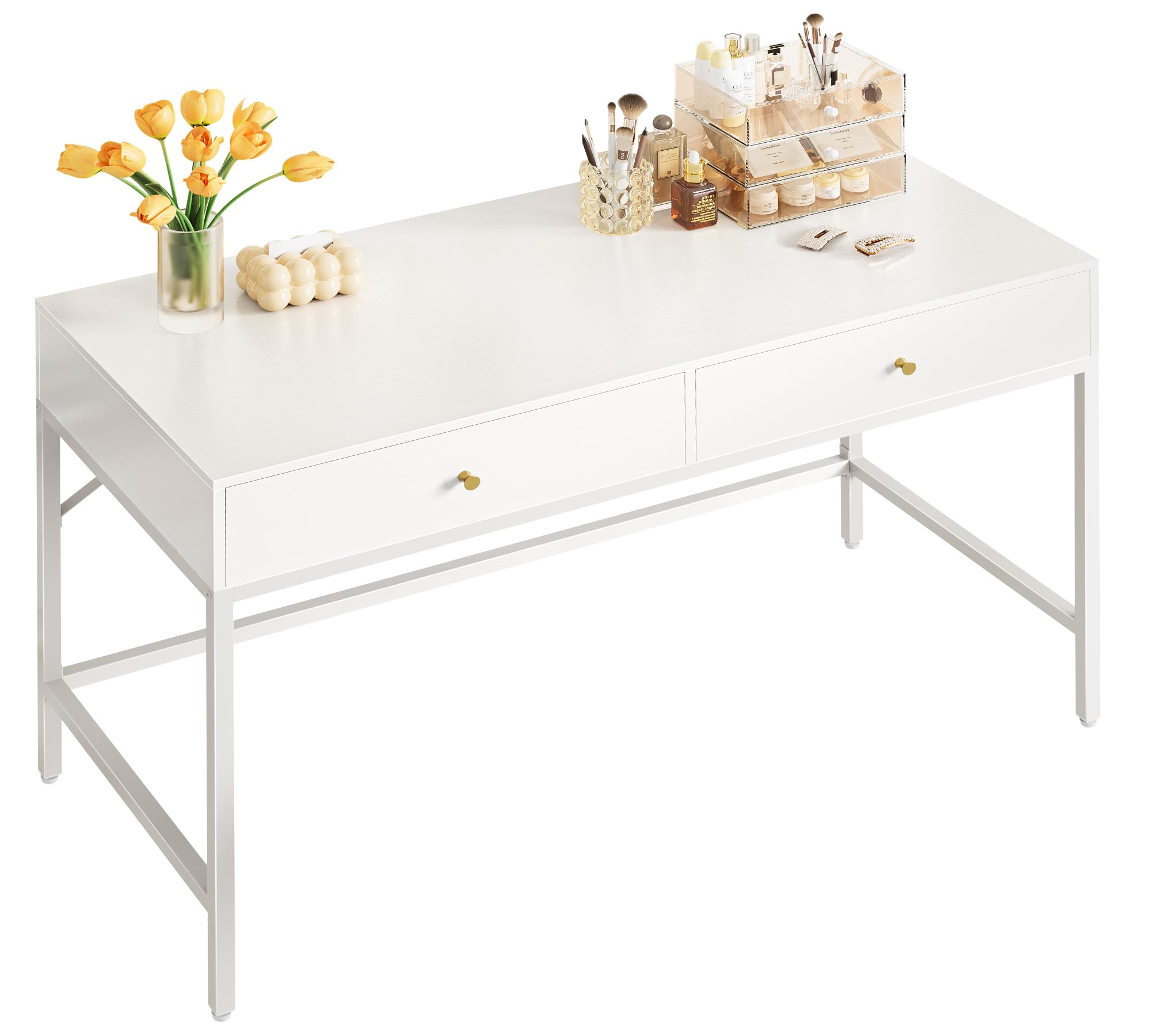 SUPERJARE Vanity Desk with Drawers, 47 inch Computer Desk, Modern Simple Home Office Desks, Makeup Dressing Table for Bedroom - White and Gold