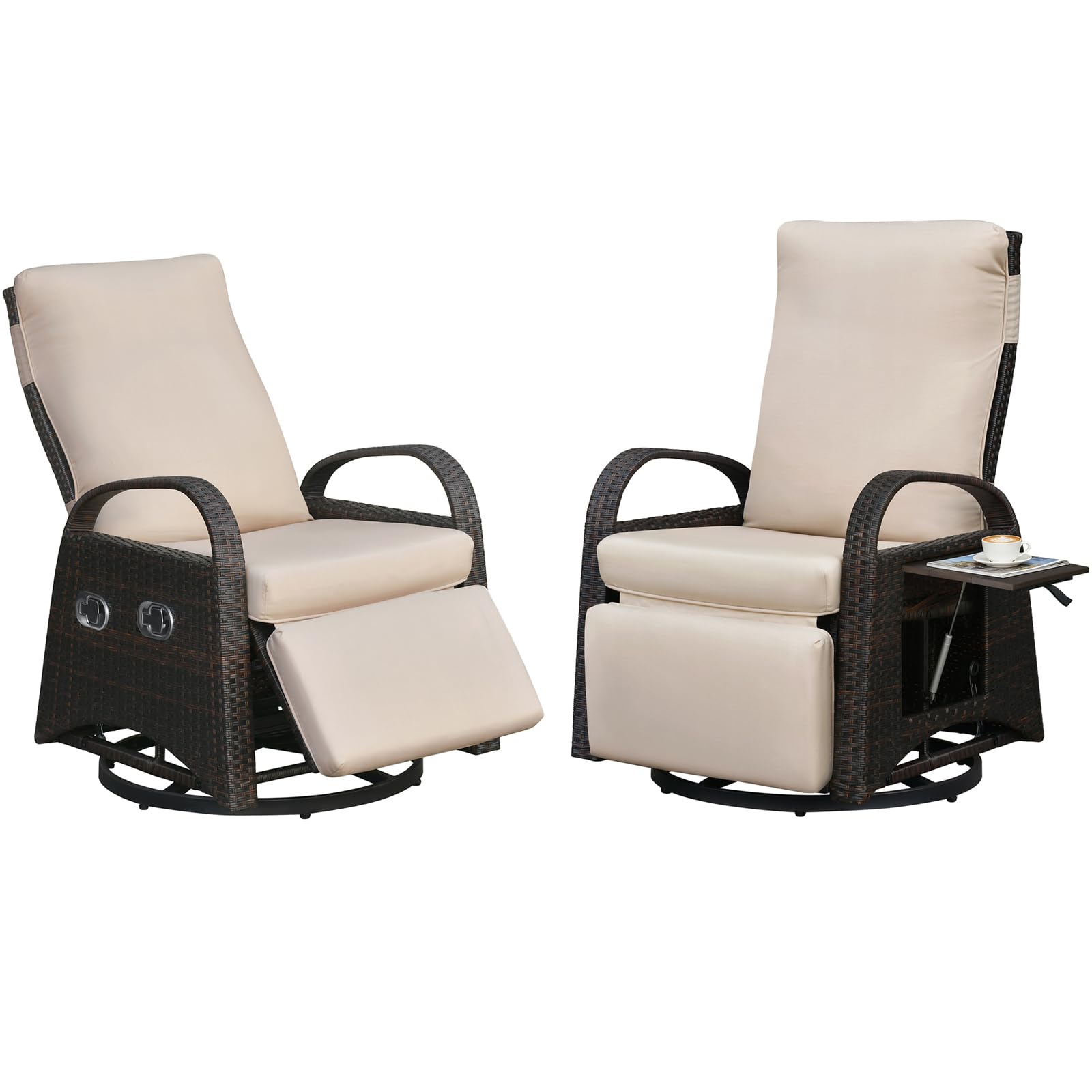 Skypatio Outdoor Patio Swivel Recliner Chair, Independently Adjustable Backrest and Footrest Patio Wicker Reclining Lounge Chair with Flip Side Table for Indoor, Balcony, Porch(Light Khaki)