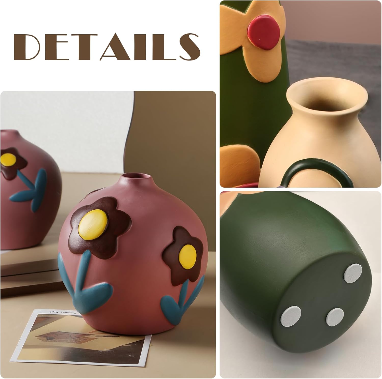Vintage Ceramic Vase, Minimalist Texture Stone Patterned White Flower Vase, Decorative Vase for Living Room Shelf Farmhouse Dining Table Centerpiece Decor (Colorful Rustic-3 Pack)