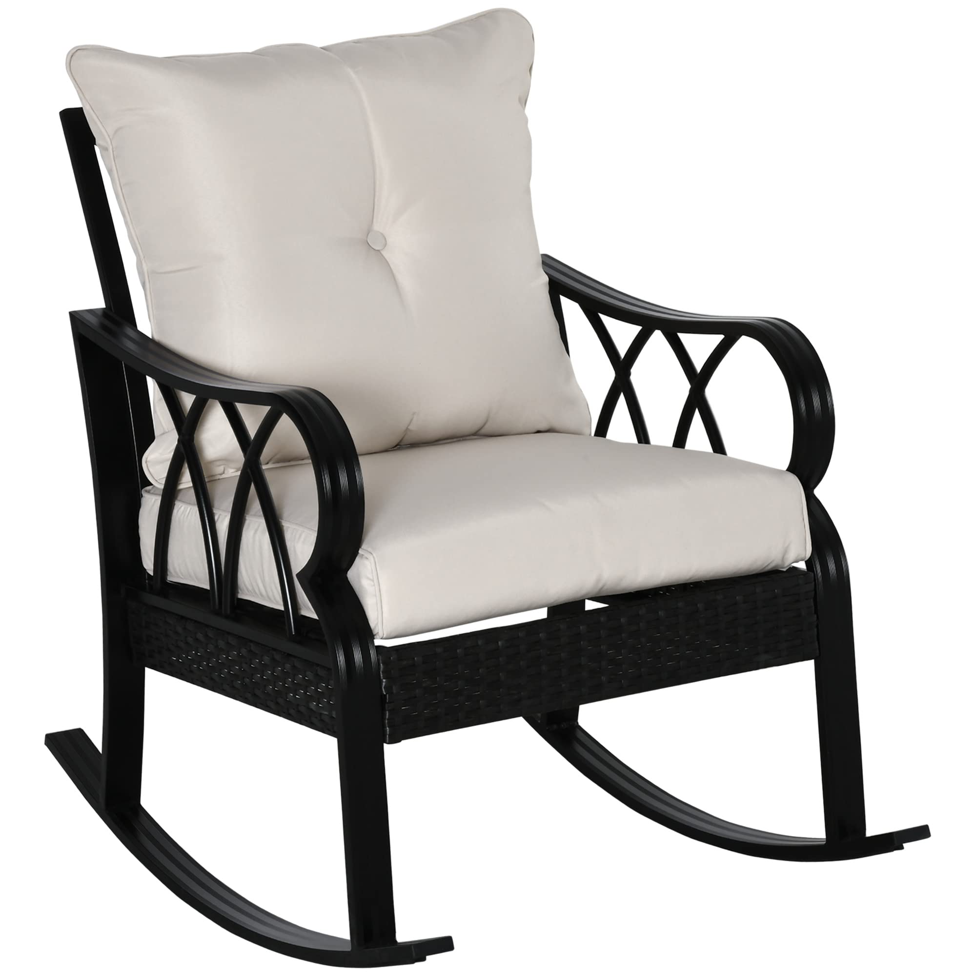 Outsunny Outdoor Wicker Rocking Chair with Padded Cushions, Aluminum Furniture Rattan Porch Rocker Chair w/Armrest for Garden, Patio, and Backyard, Navy Blue