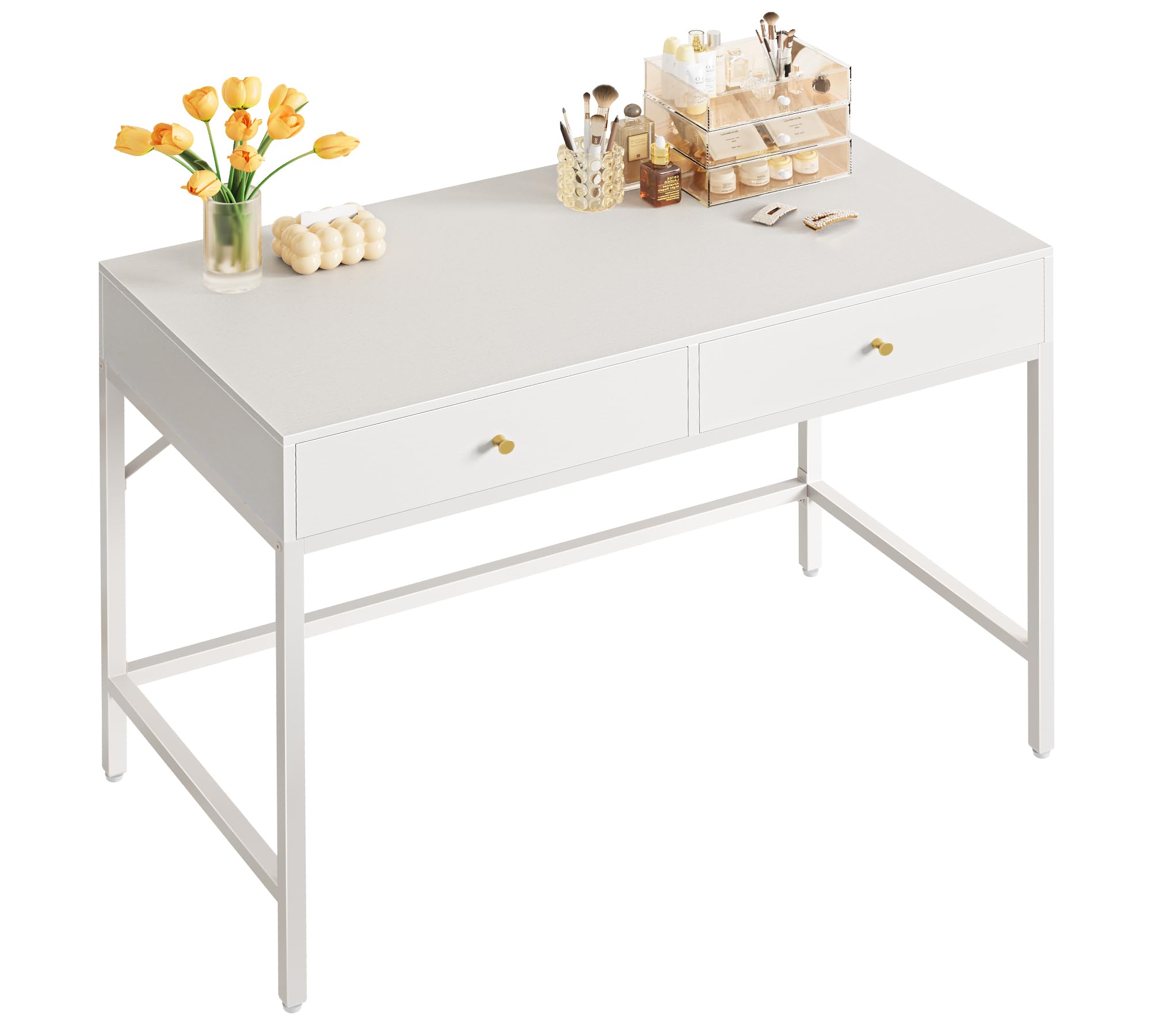 SUPERJARE Vanity Desk with Drawers, 47 inch Computer Desk, Modern Simple Home Office Desks, Makeup Dressing Table for Bedroom - White and Gold