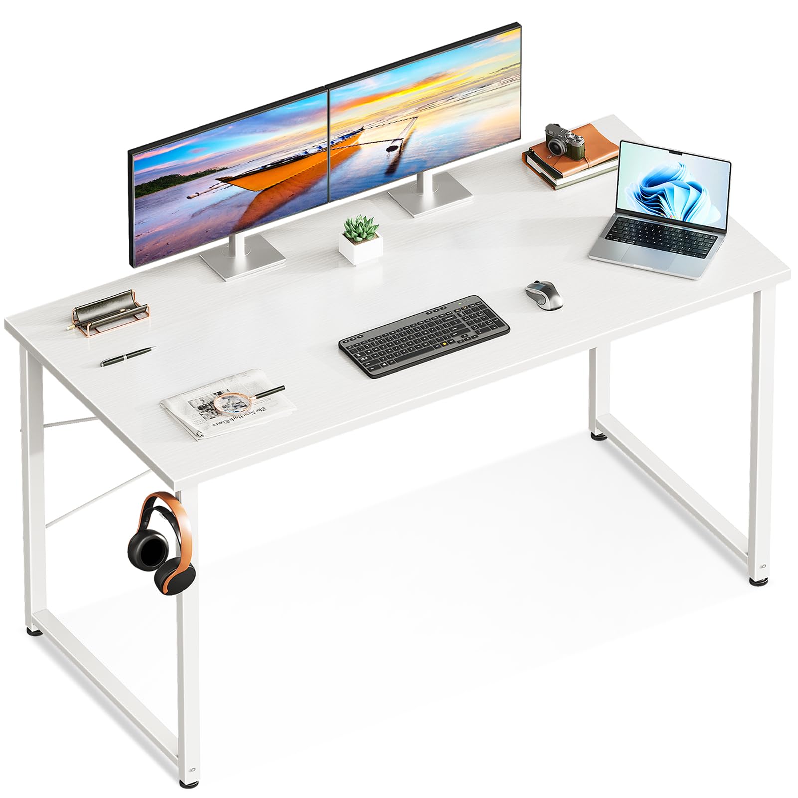 Casaottima 48 Inch Small Computer Desk for Home Office, Study Writing Table for Small Spaces, Simple Modern Desk with Headphone Hooks, Pure Black
