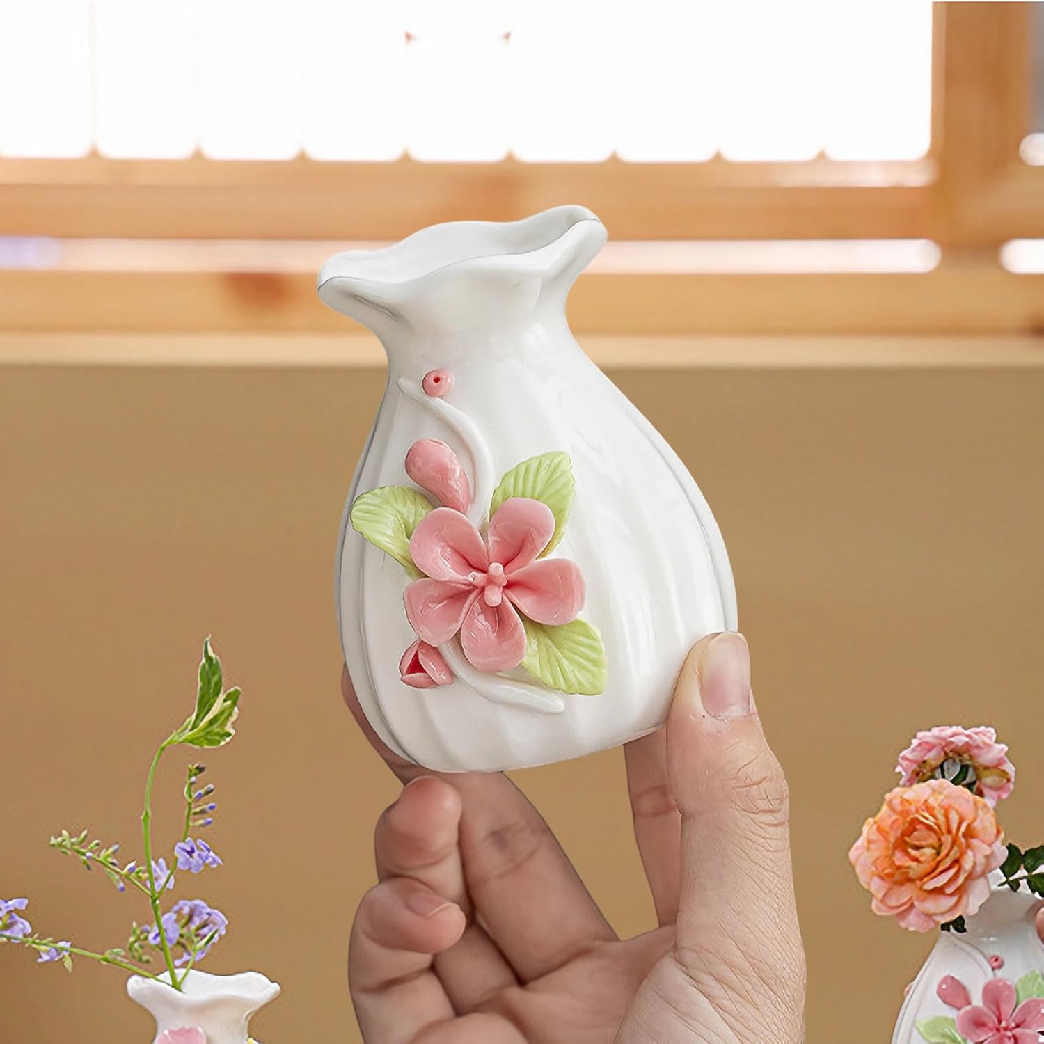 Handmade Ceramic Vase, 3D Hand Painted Flower Home Decor, Porcelain Relief Flowers, Living Room Dining Desk Statue Ornaments, 1 Piece