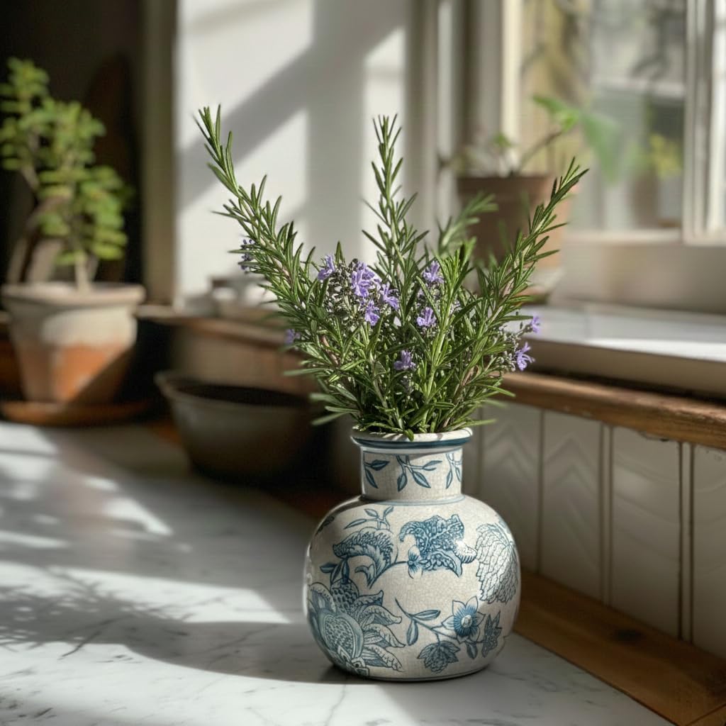 SIDUCAL Blue and White Vintage Vase | 6 Inch Ceramic Chinoiserie Floral | Retro Ice Cracked Blue and White Porcelain Vase for Table, Living Room, Bathroom Decoration, Wedding, Shelf Decor, Mantel