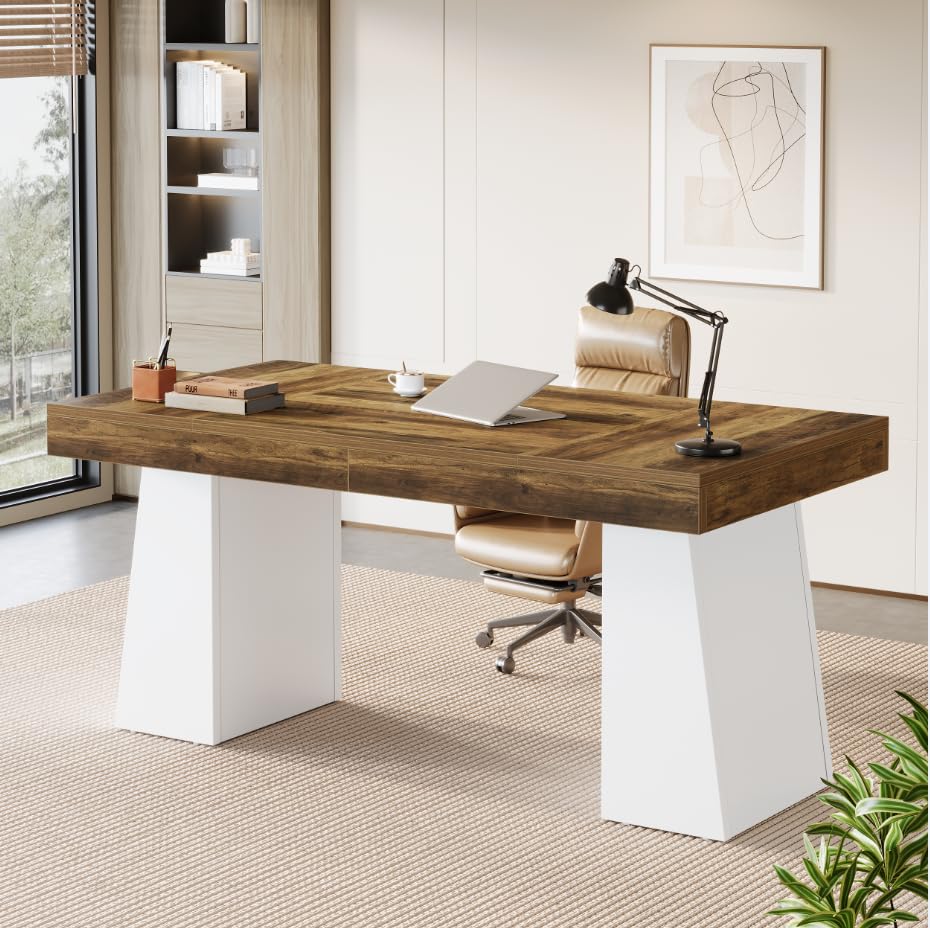 Tribesigns 55-Inch Executive Desk, Thick Wood Office Computer Desk with Double Pedestal, Modern Minimalist Workstations Writing Table Conference Table Furniture for Home Office, Light Brown