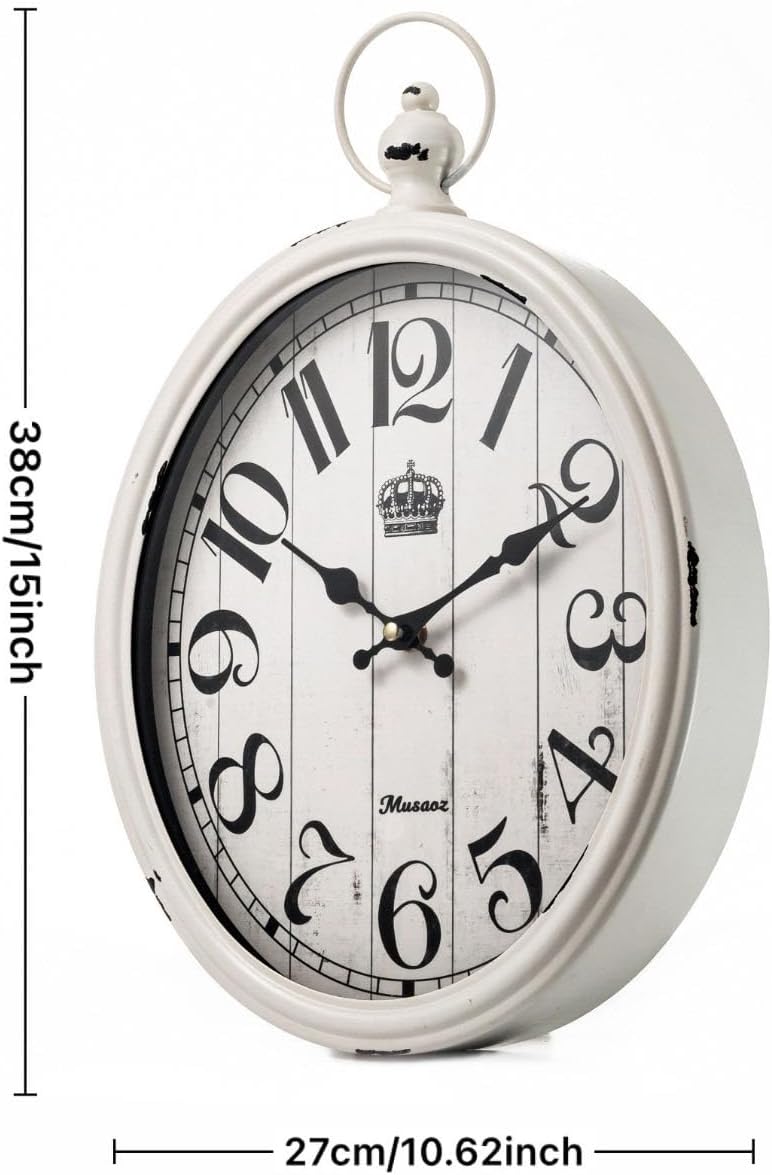 Oval Wall Clock Metal 16 inch Large Battery Operated Retro Wall Clock Old-Fashioned Antique Design Rustic Vintage Style Decor Wall Clock for Living Room Kitchen Farmhouse White
