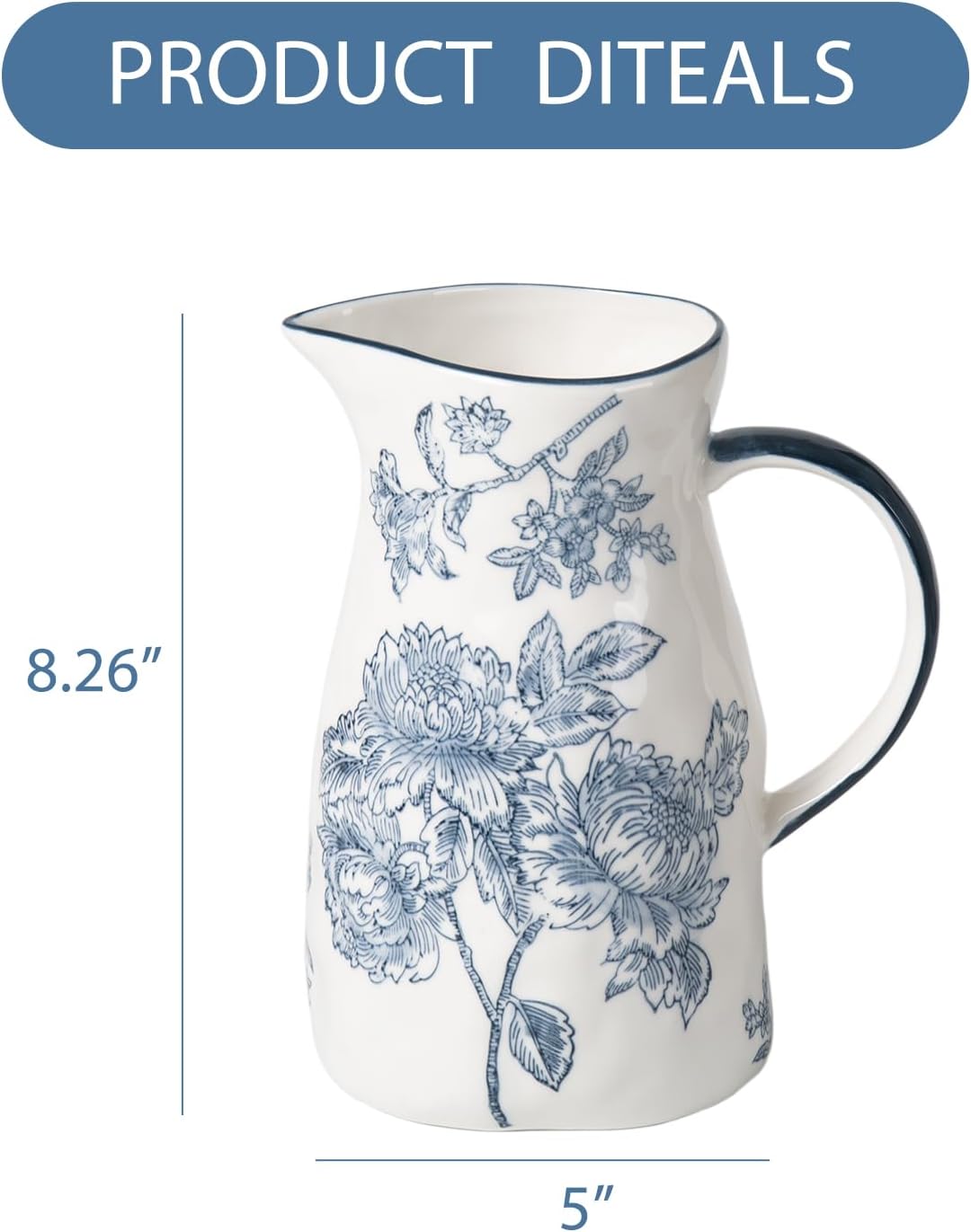 Ceramic Pitcher Vase, Blue and White Jug for Home Decor, Chinoiserie Vase Decor, Decorative Pitcher with Handle
