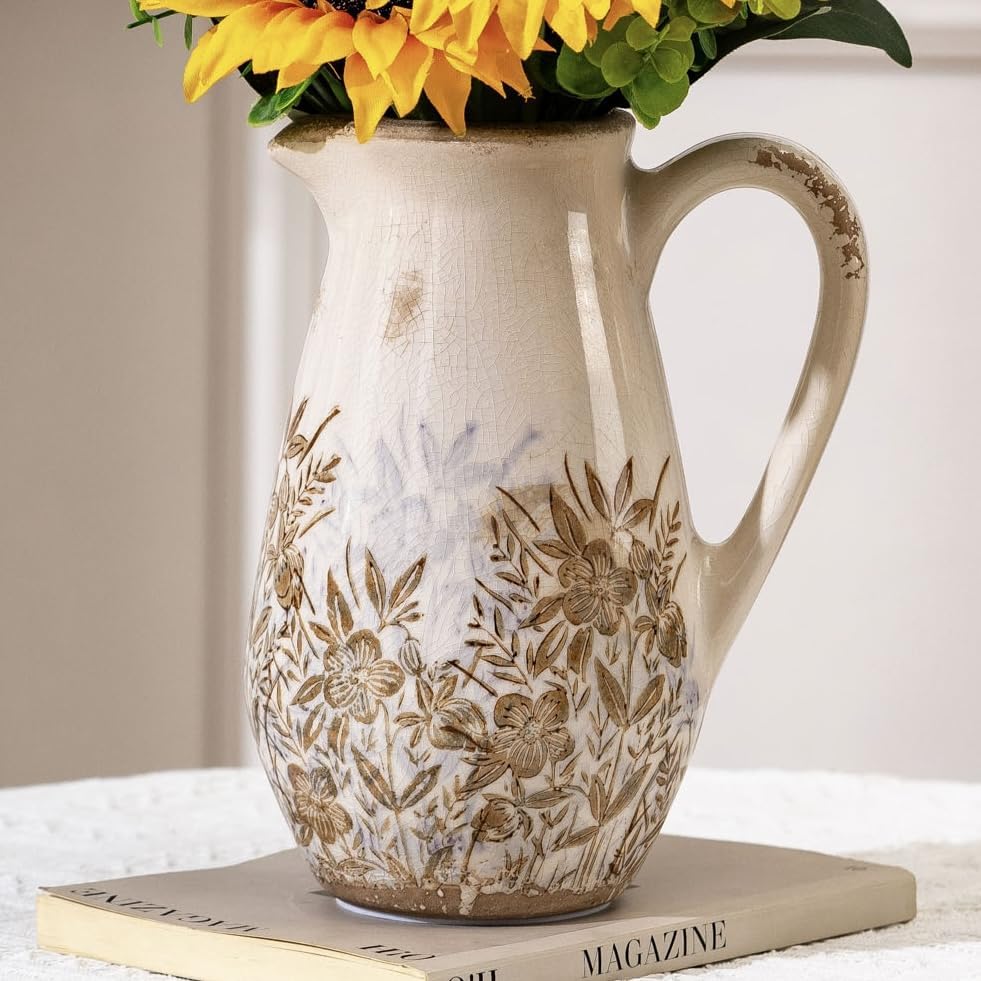 Vintage Ceramic Pitcher Vase with Handle 10.5”, Green & Pink Floral Farmhouse Vase, Chinoiserie Decorative Centerpiece for Living Room, Bookshelf