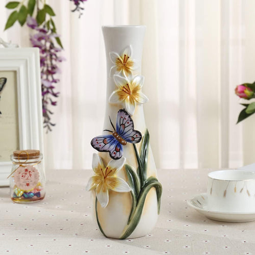 Ceramic Vase, Hand-Painted Butterflies and Lilies Flowers Home Decor Bouquet Holder- 10" Tall