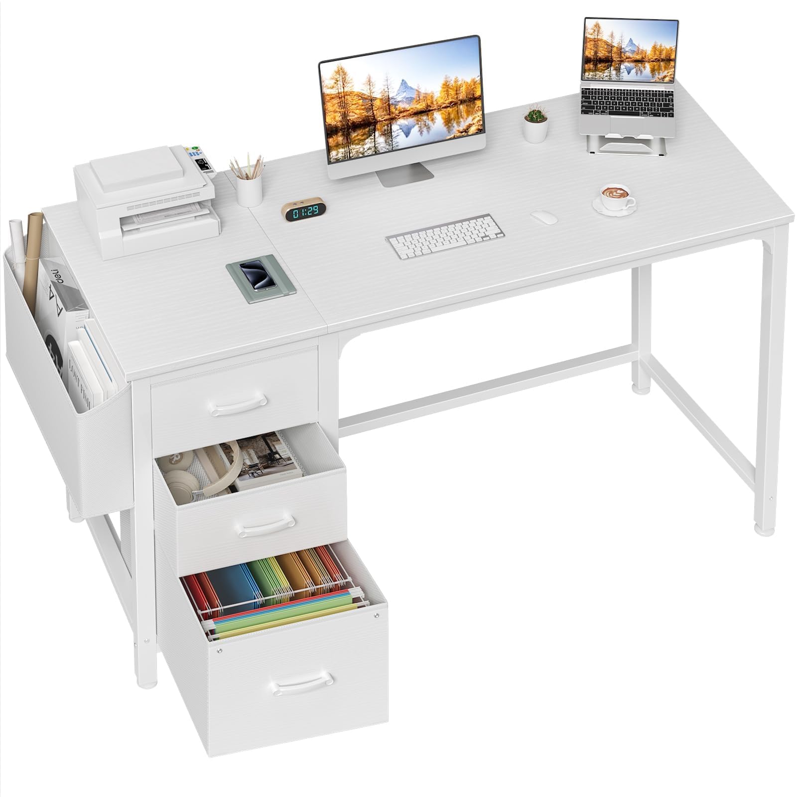 Lufeiya White Desk with File Drawers Cabinet, 47 Inch Reversible Computer Desk with Fabric Filing Cabinet for Bedroom Small Space Home Office, Modern Writing Table PC Desks, White