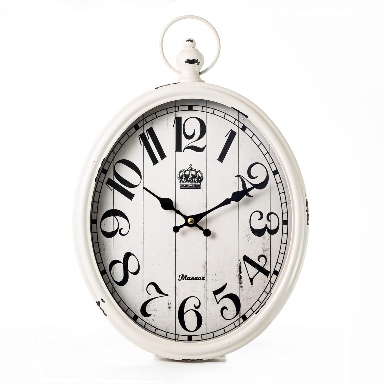Oval Wall Clock Metal 16 inch Large Battery Operated Retro Wall Clock Old-Fashioned Antique Design Rustic Vintage Style Decor Wall Clock for Living Room Kitchen Farmhouse White