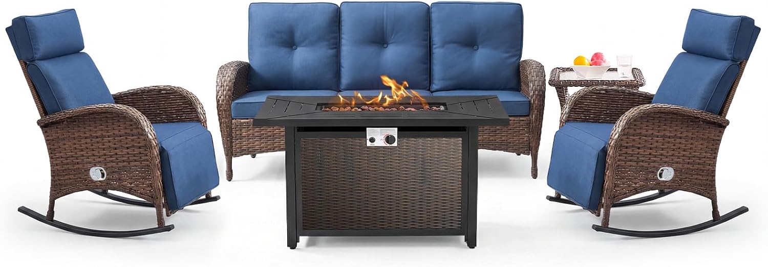 Belord Zero Gravity Patio Swivel Rocking Recliner Chair - Wicker Outdoor Lounge Chair with Adjustable Backrest & Footrest, All Weather Reclining Rocker Chairs with Thick Cushion for Pool Deck Blue