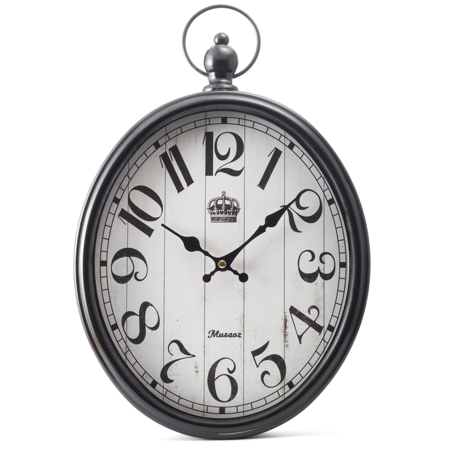 Oval Wall Clock Metal 16 inch Large Battery Operated Retro Wall Clock Old-Fashioned Antique Design Rustic Vintage Style Decor Wall Clock for Living Room Kitchen Farmhouse White