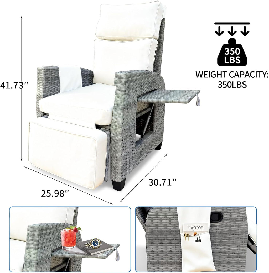 Wicker Outdoor Recliner | Rattan Patio Recliner with Adjustable Backrest and Footrest | Patio Reclining Chair with Flip-up Table & Side Pocket, 4" Thick Cushion For Patio, Outdoor & Indoor