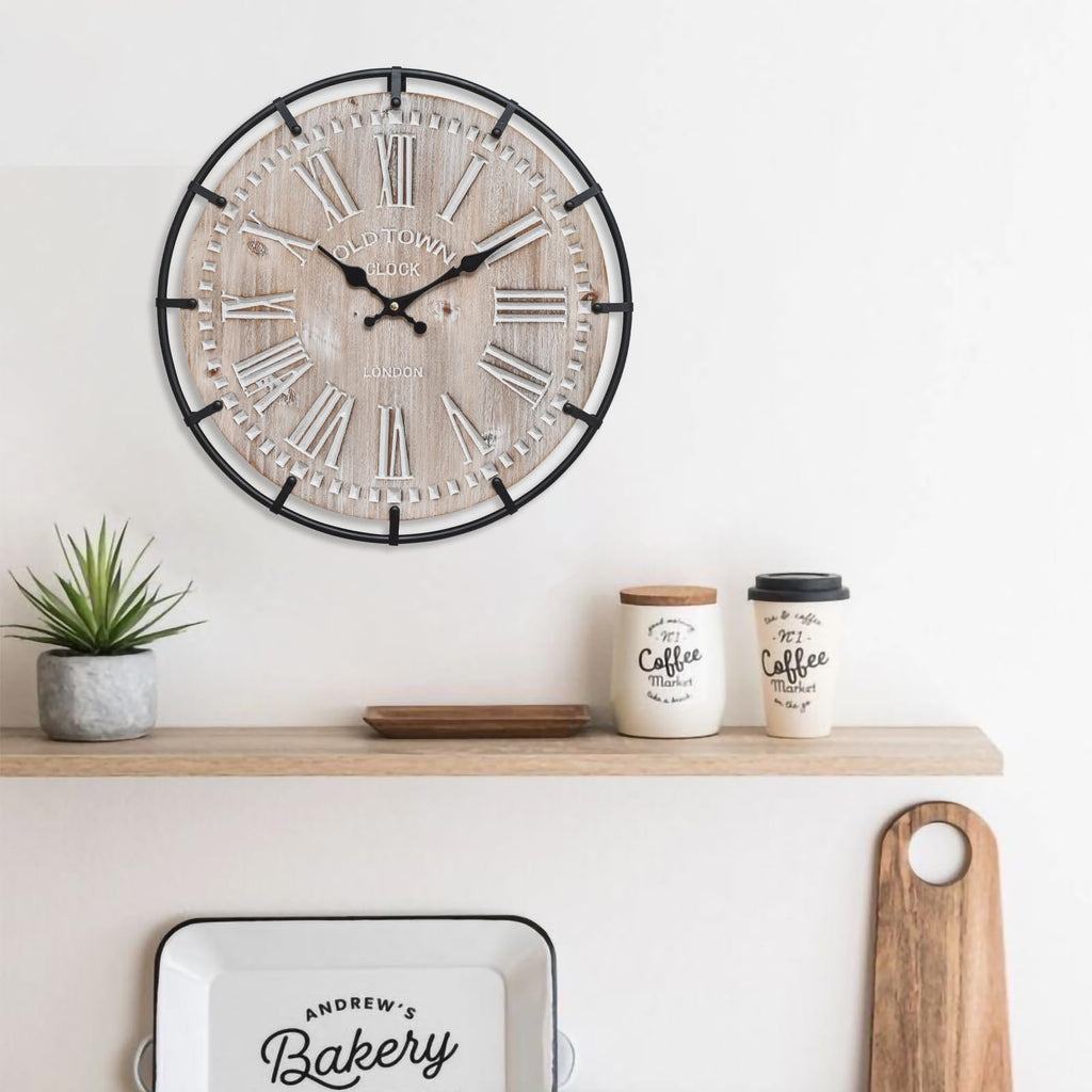 EMAX HOME 24 Inch Large Farmhouse Wall Clock, Rustic Antique Wood with Metal Circle and Large Engraved Numerals, Silent Battery Operated Wall Clock for Office Kitchen Bedroom Living Room