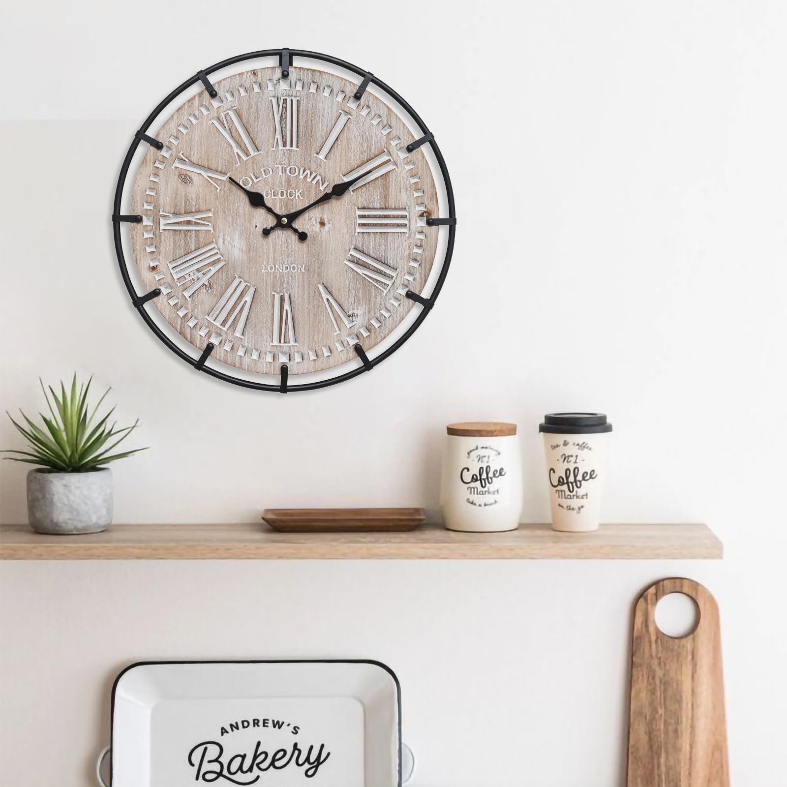 EMAX HOME 24 Inch Large Farmhouse Wall Clock, Rustic Antique Wood with Metal Circle and Large Engraved Numerals, Silent Battery Operated Wall Clock for Office Kitchen Bedroom Living Room