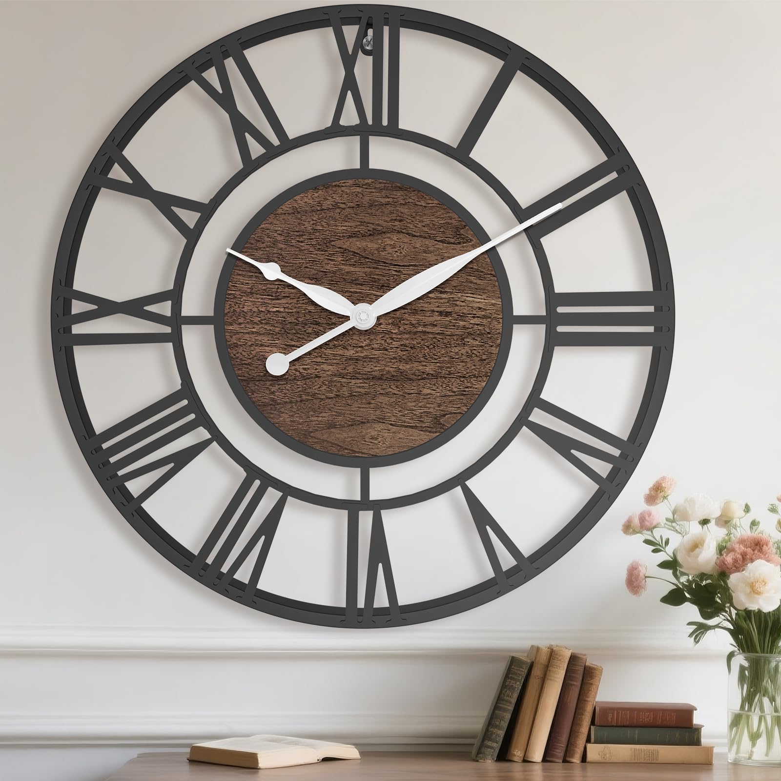 Pytha Sight 24 Inch Large Oversized Farmhouse Modern Decorative Wall Clock for Living Room,Silent Industrial Big Roman Numerals Vintage Metal Round Wall Clocks for Kitchen,Dining Room,Office