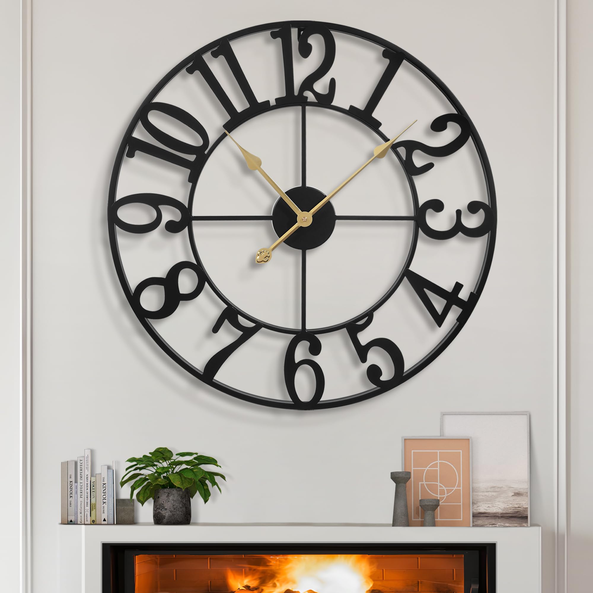 LEIKE Large Wall Clocks,Silent,Non Ticking,Battery Operated Small Vintage Round Modern Metal Wall Clock for Living Room, Bedroom,Kitchen,Farmhouse,Office Decor-13.5 Inch(Black-Arabic Number)