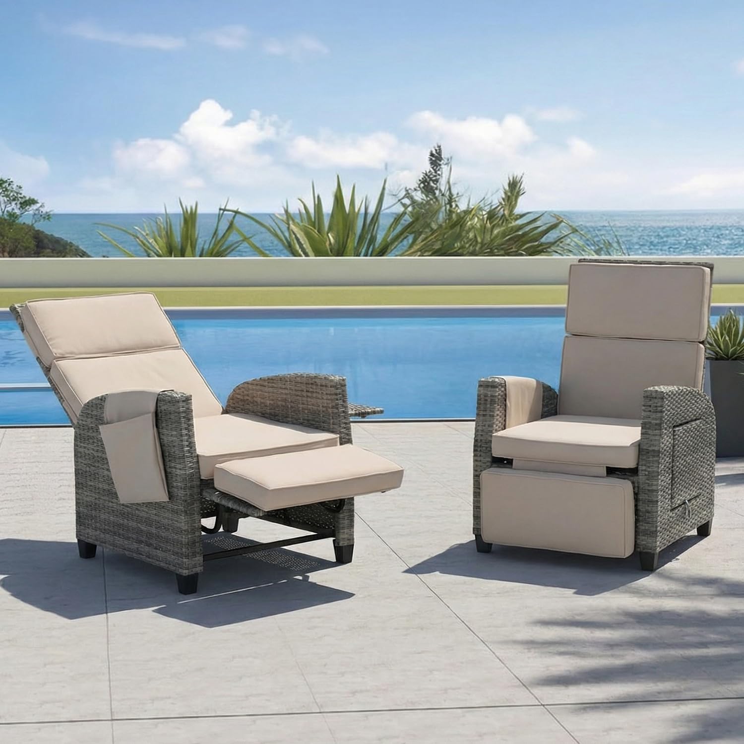 Outdoor Patio Recliner Chair, Adjustable Backrest up to Lay Flat & Extended Footrest, Flip-Up Side Table, Removable Cushion, All-Weather Wicker, for Porch Balcony Garden Poolside (2)