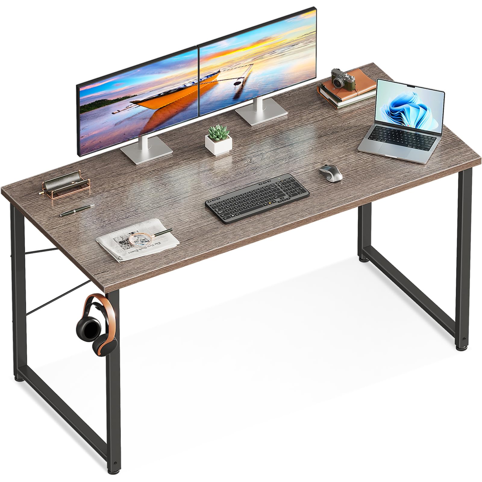 Casaottima 48 Inch Small Computer Desk for Home Office, Study Writing Table for Small Spaces, Simple Modern Desk with Headphone Hooks, Pure Black