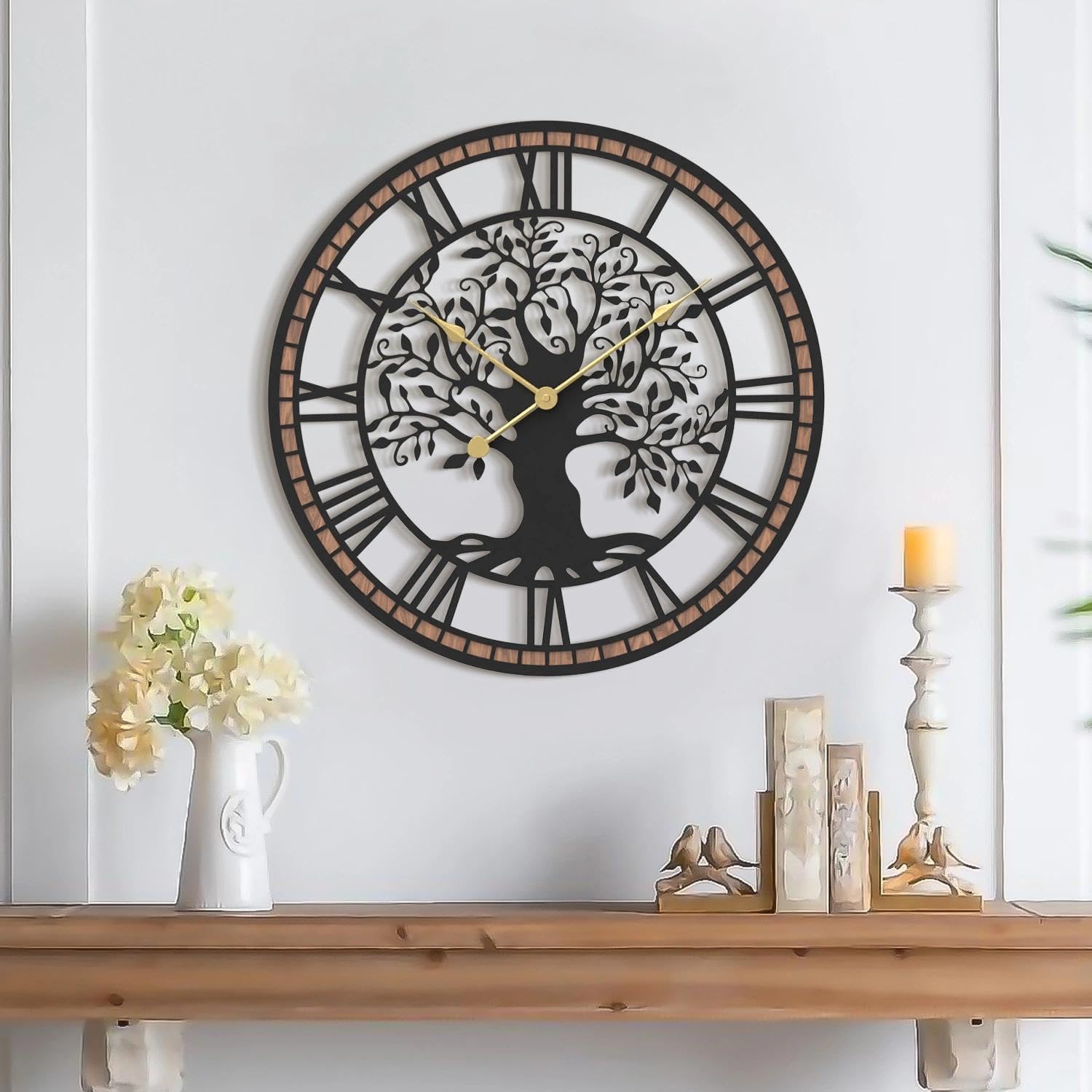 Micasso Farmhouse Large Wall Clock: 24Inch Rustic Tree of Life Metal with Wood Frame - Vintage Battery Operated Wall Clocks for Living Room/Office/Bedroom - Home Decor for Fashion-Conscious