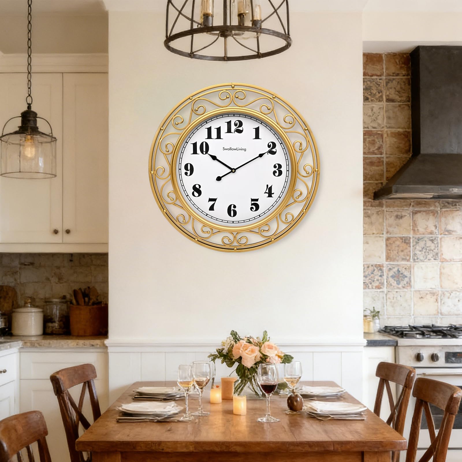 SwallowLiving 24 Inch Vintage Iron Metal Frame Wall Clock Silent, Battery Operated, Elegant Retro Decor for Living Room, Kitchen, Office, Dining Room, and Bedroom