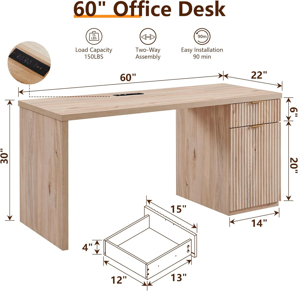 JXQTLINGMU 60" Modern Executive Desk with Storage, Wood Home Office Desk with Drawer & Cabinet, Fluted Computer Writing Desk for Study, Living Room, Bedroom, Oak