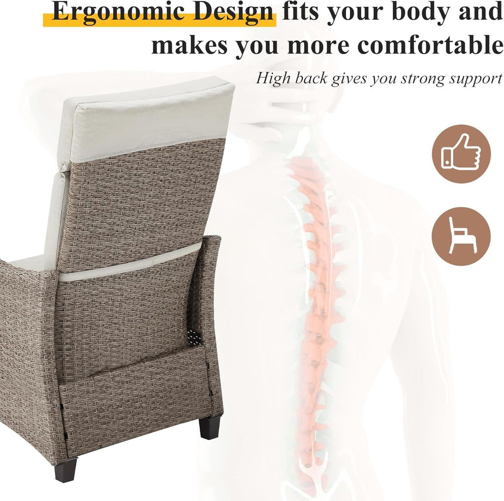 HOMREST Outdoor Recliner Chair, Wicker Reclining Chair for Patio with Adjustable Backrest up to 150°, Rattan Armchair with Integrated Footrest & Removable Cushion for Garden, Light Gray