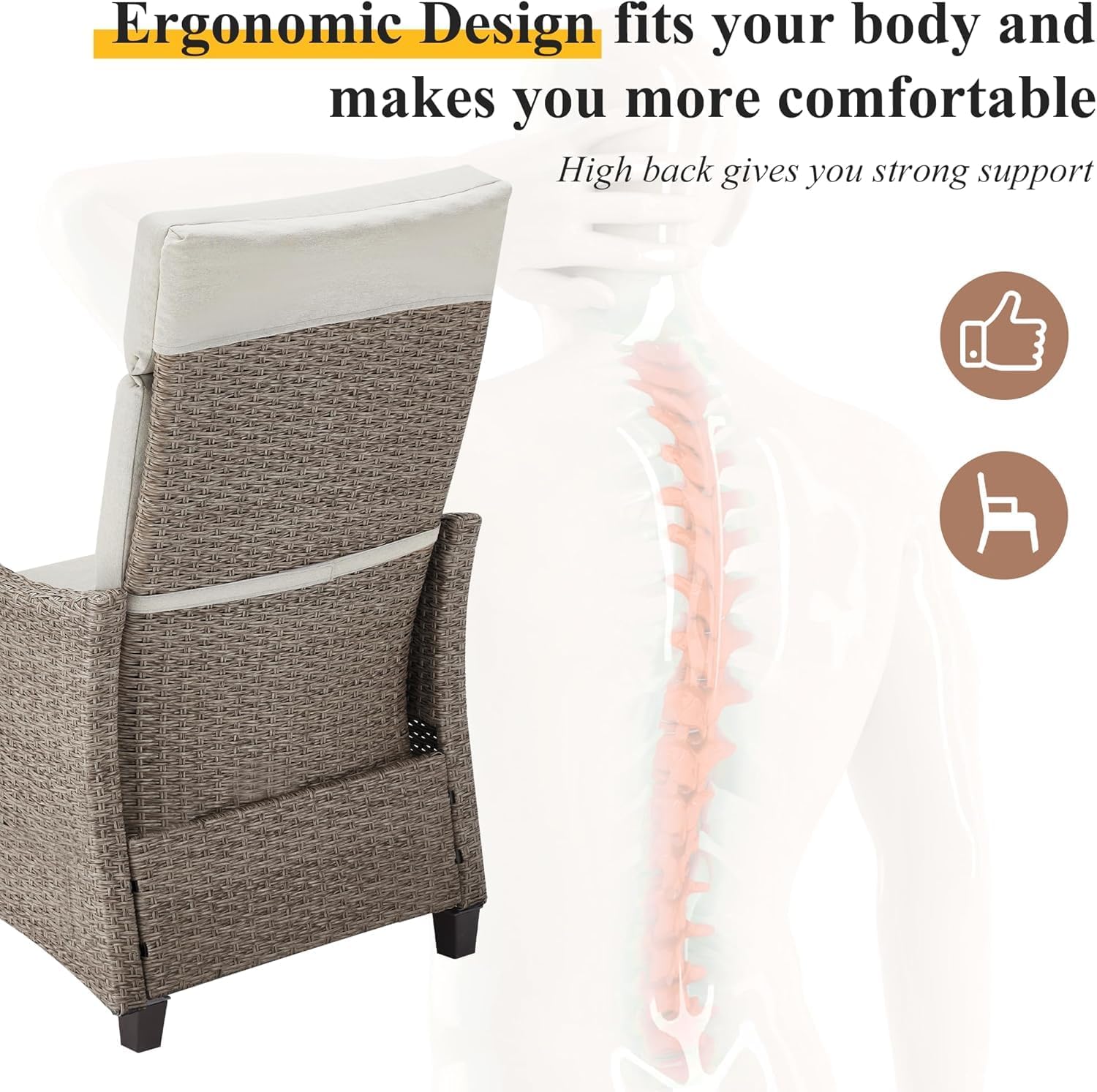 HOMREST Outdoor Recliner Chair, Wicker Reclining Chair for Patio with Adjustable Backrest up to 150°, Rattan Armchair with Integrated Footrest & Removable Cushion for Garden, Light Gray