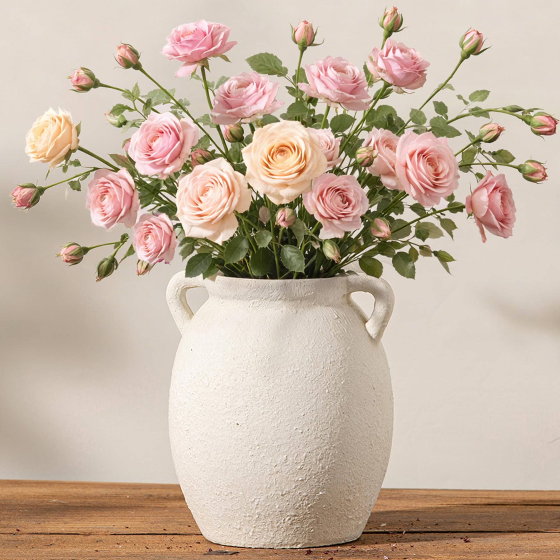 Dobbyby Ceramic Flower Vase 7.6 inch Farmhouse Rustic Vase Decorative Pottery Terracotta Vases for Home Decor Table Mantle Fireplace Living Room Bathroom Wedding Centerpiece (White-Upgraded)