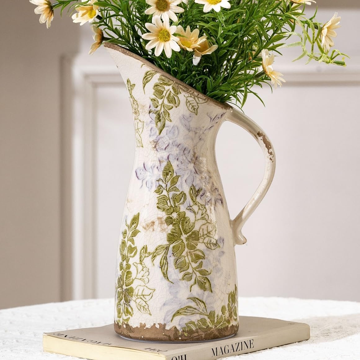 Vintage Ceramic Pitcher Vase with Handle 10.5”, Green & Pink Floral Farmhouse Vase, Chinoiserie Decorative Centerpiece for Living Room, Bookshelf