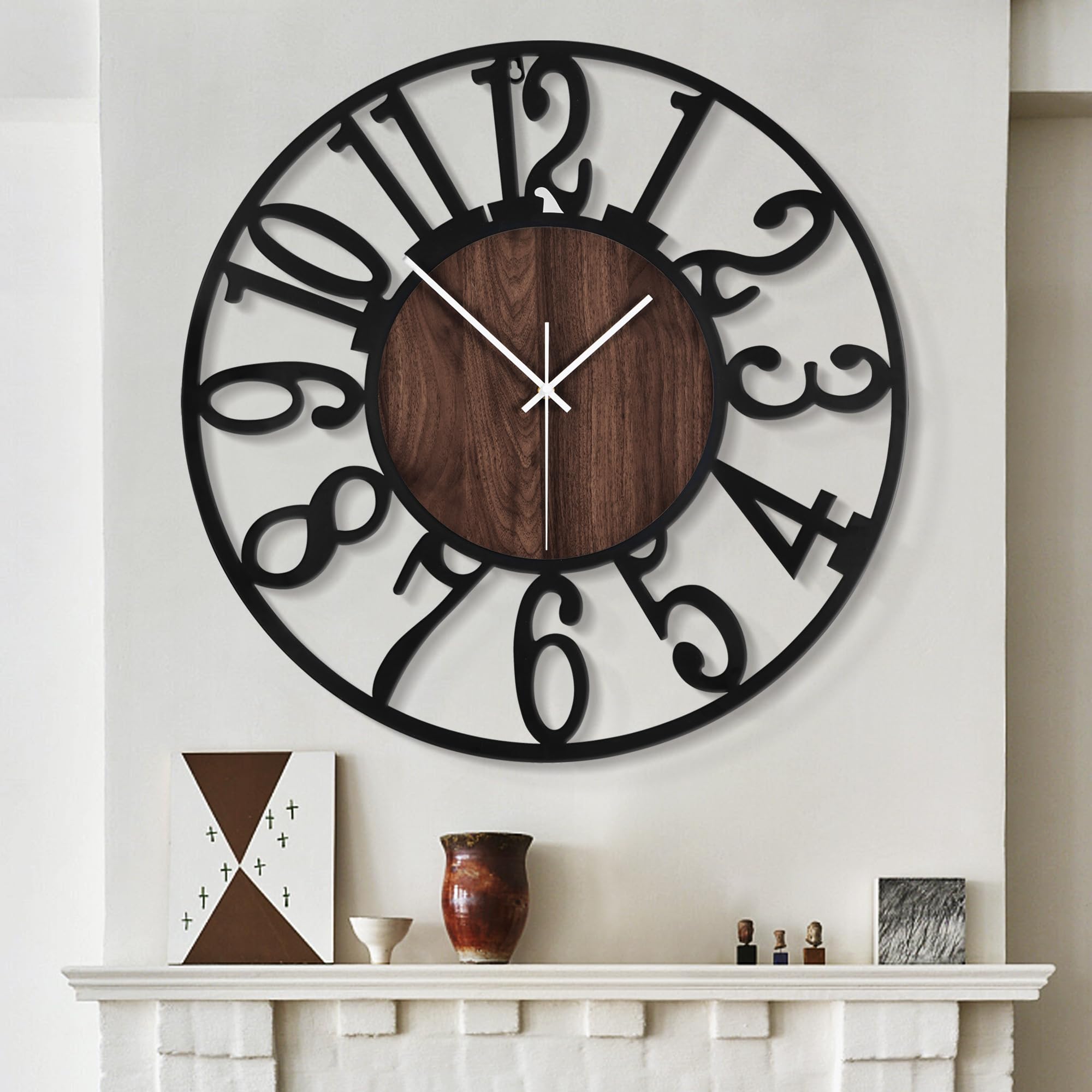LEIKE Large Wall Clocks,Silent,Non Ticking,Battery Operated Small Vintage Round Modern Metal Wall Clock for Living Room, Bedroom,Kitchen,Farmhouse,Office Decor-13.5 Inch(Black-Arabic Number)