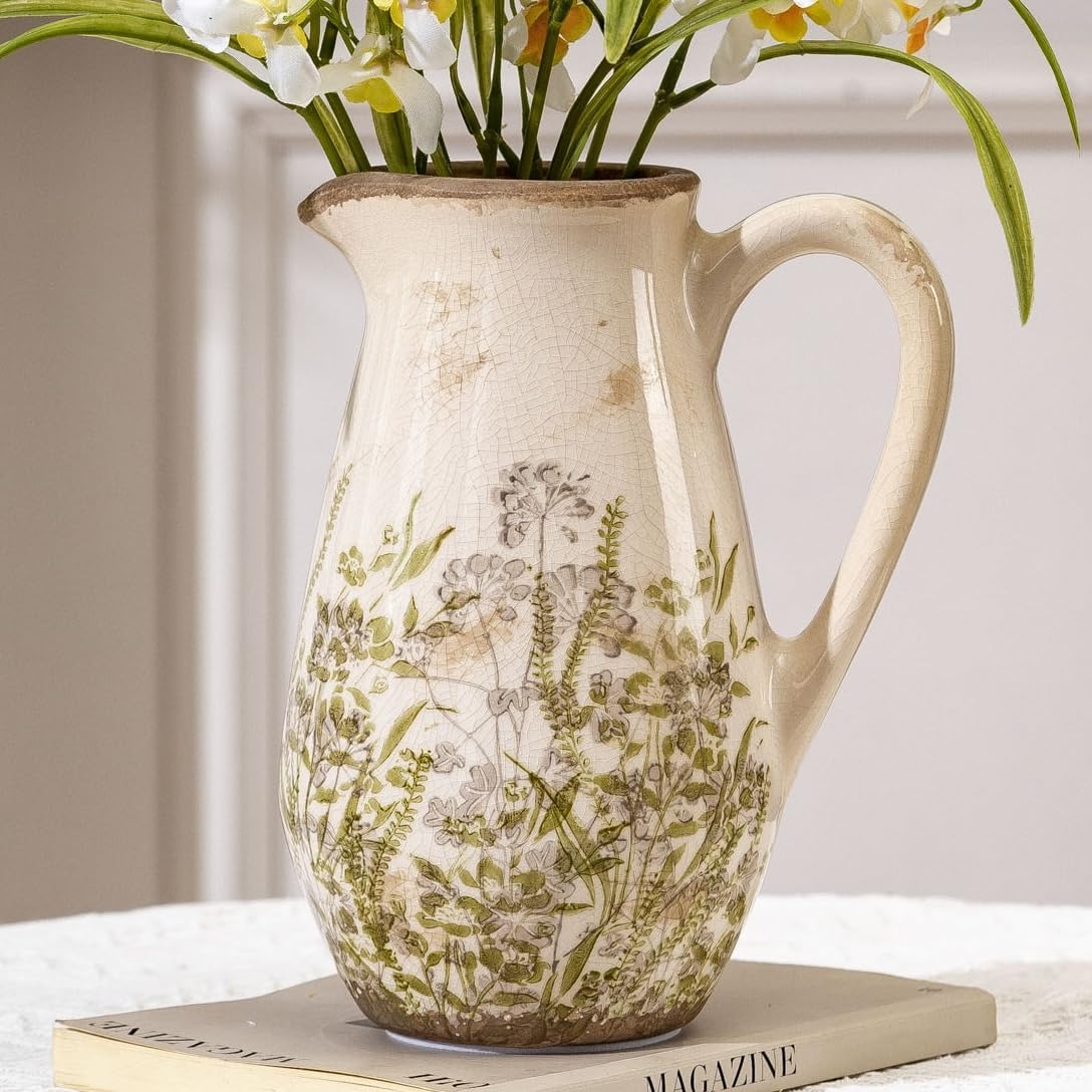 Vintage Ceramic Pitcher Vase with Handle 10.5”, Green & Pink Floral Farmhouse Vase, Chinoiserie Decorative Centerpiece for Living Room, Bookshelf