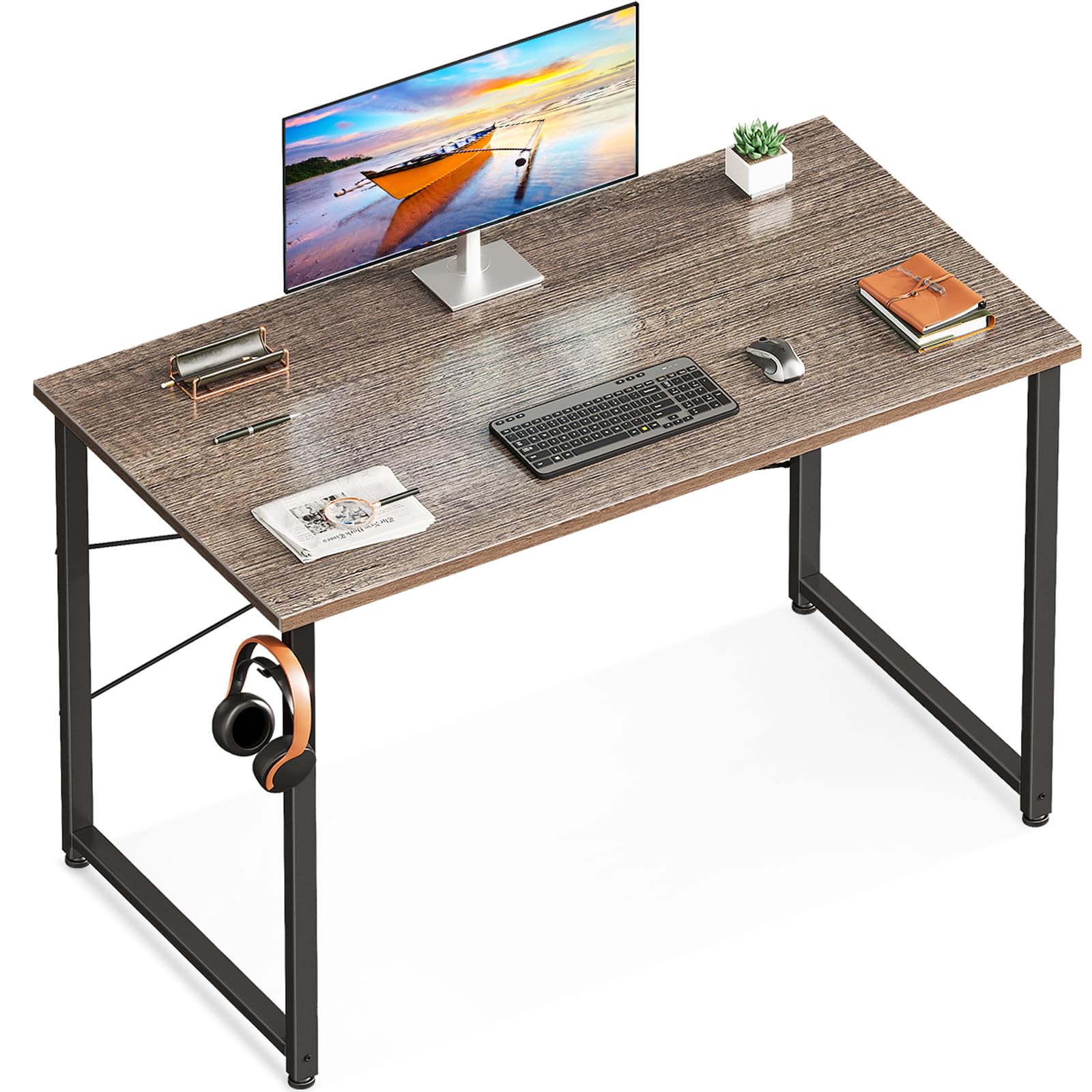 Casaottima 48 Inch Small Computer Desk for Home Office, Study Writing Table for Small Spaces, Simple Modern Desk with Headphone Hooks, Pure Black