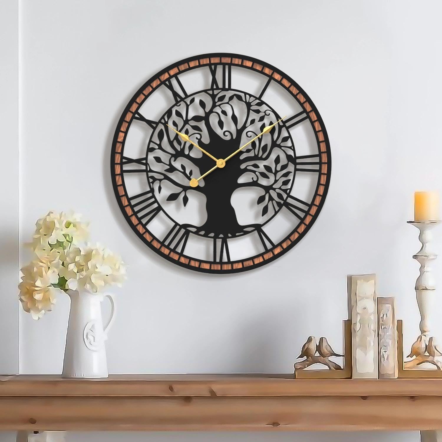 Micasso Farmhouse Large Wall Clock: 24Inch Rustic Tree of Life Metal with Wood Frame - Vintage Battery Operated Wall Clocks for Living Room/Office/Bedroom - Home Decor for Fashion-Conscious