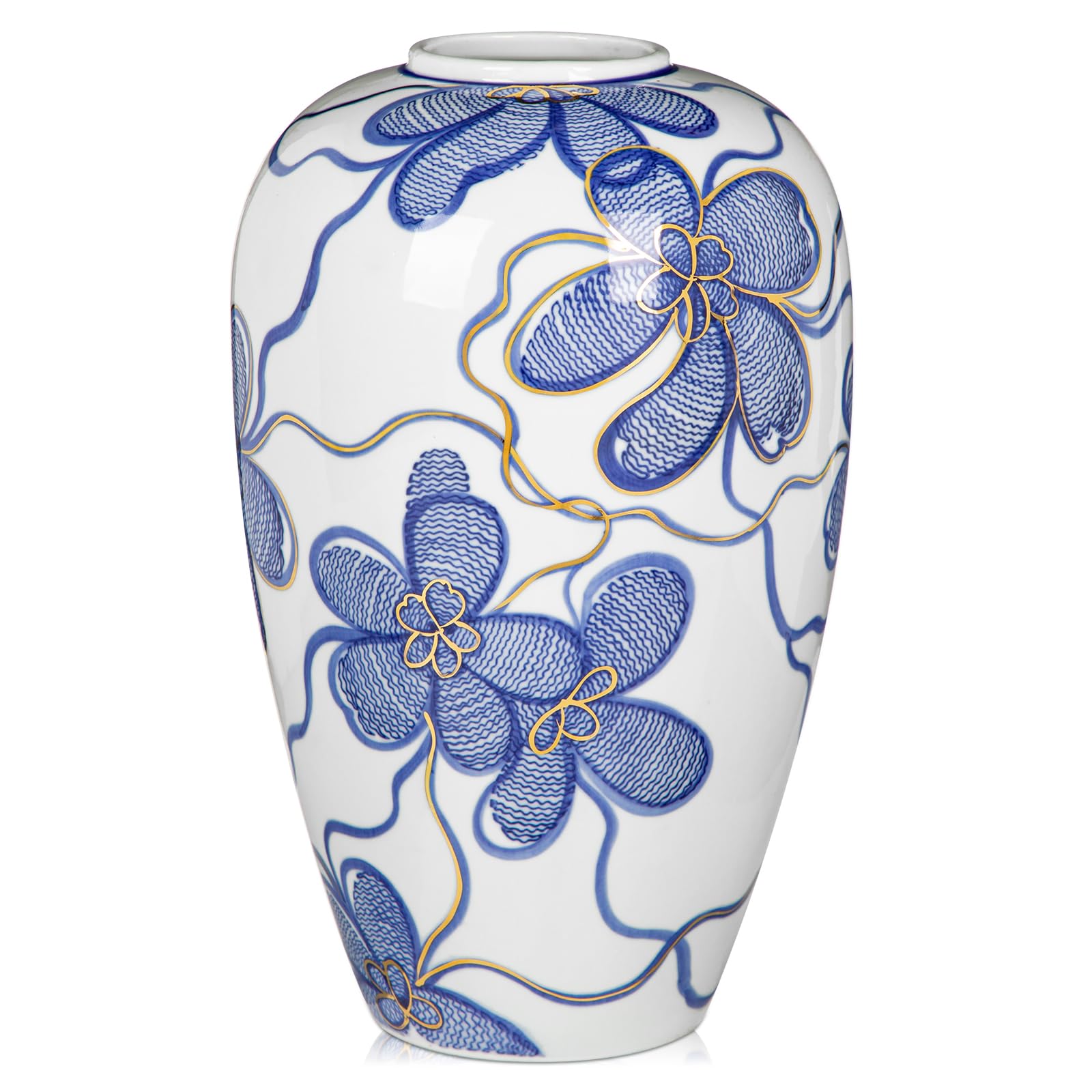Blue and White Ceramic Vase for Home Decor – Hand-Painted Porcelain Flower Vase with Gold Accents – Chinoiserie-Inspired Home Decor Vases – 9" for Table, Shelf, or Mantel
