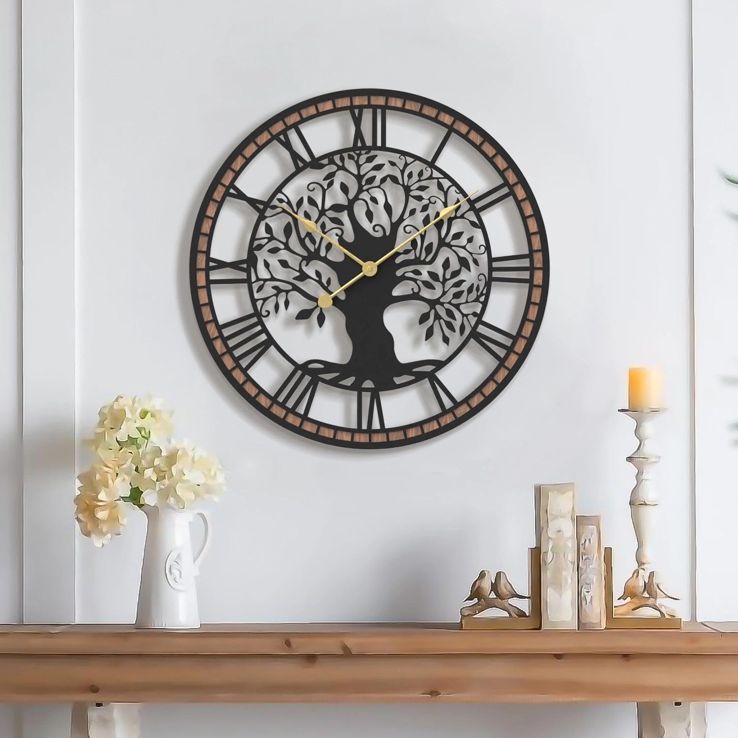 Micasso Farmhouse Large Wall Clock: 24Inch Rustic Tree of Life Metal with Wood Frame - Vintage Battery Operated Wall Clocks for Living Room/Office/Bedroom - Home Decor for Fashion-Conscious