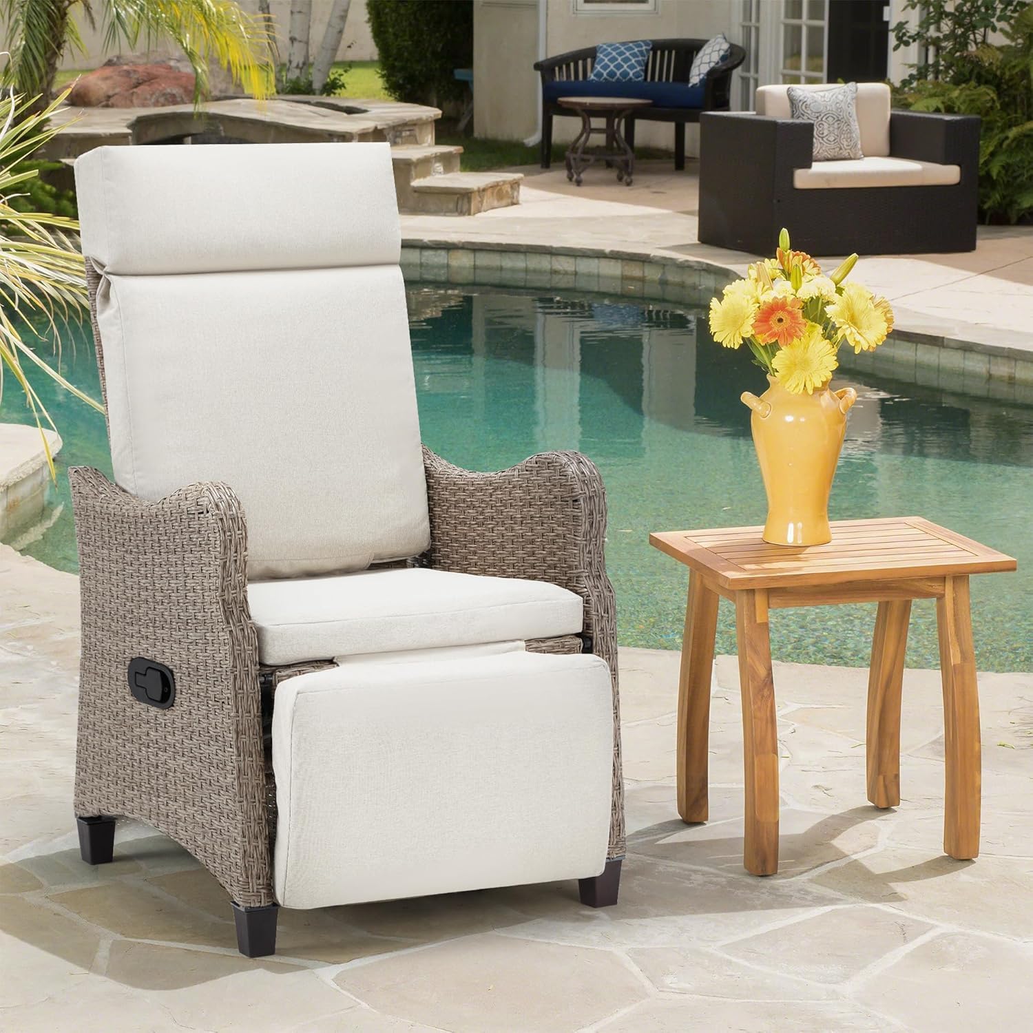 HOMREST Outdoor Recliner Chair, Wicker Reclining Chair for Patio with Adjustable Backrest up to 150°, Rattan Armchair with Integrated Footrest & Removable Cushion for Garden, Light Gray