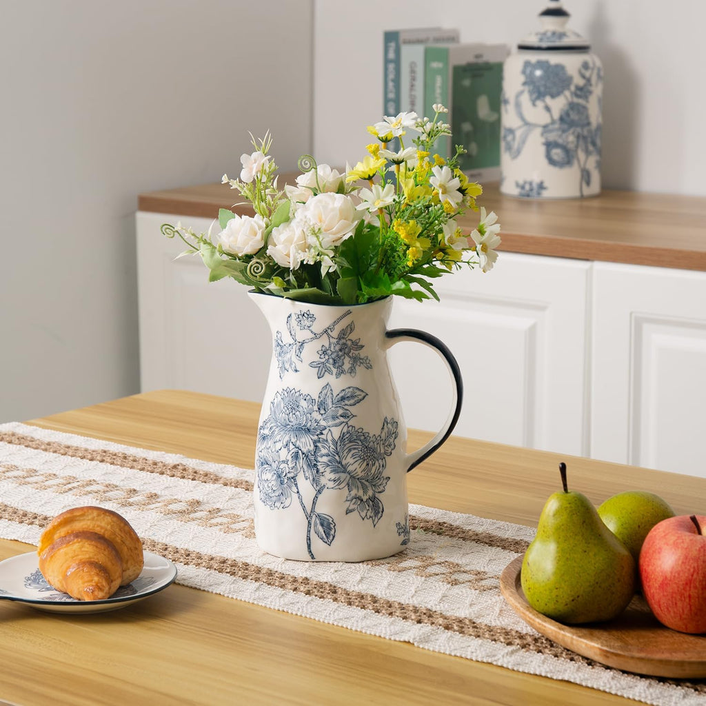Ceramic Pitcher Vase, Blue and White Jug for Home Decor, Chinoiserie Vase Decor, Decorative Pitcher with Handle