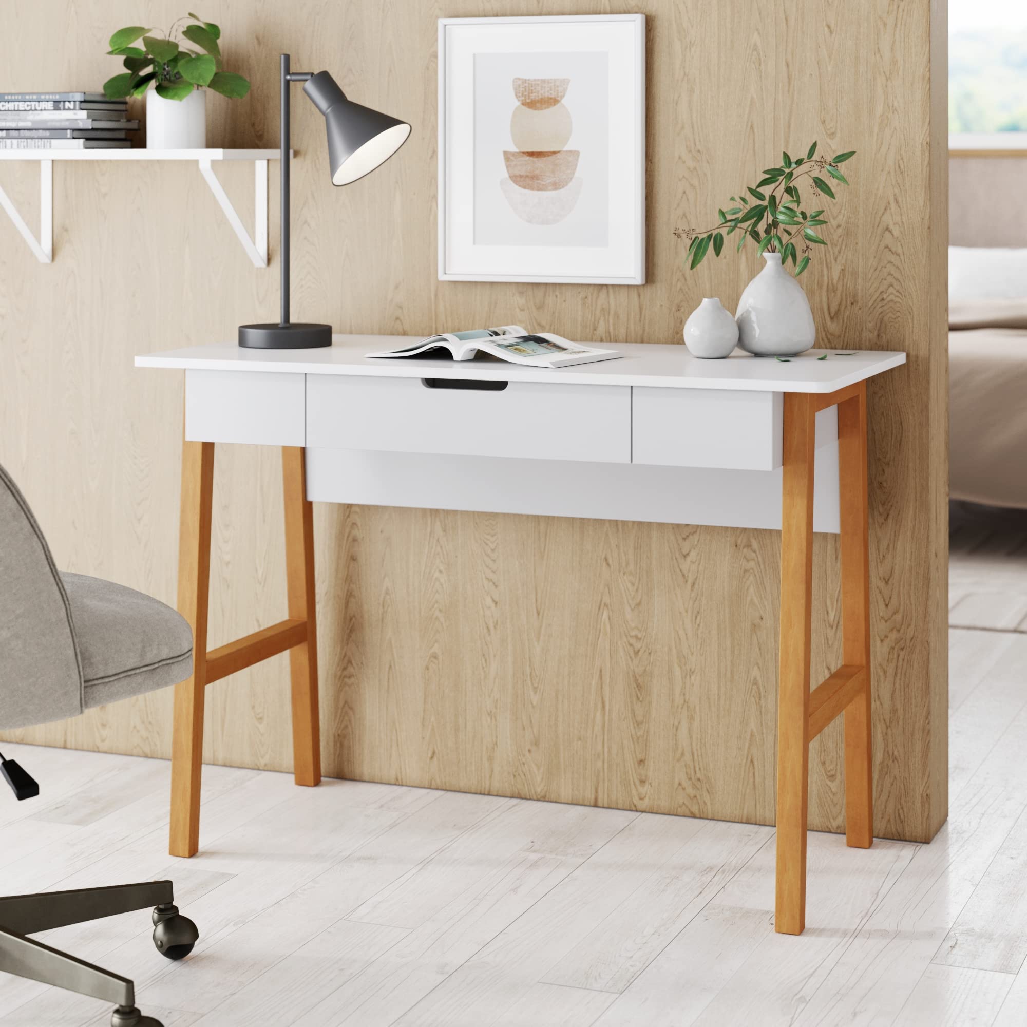 Nathan James Parker Modern Home Office Writing, Computer or Laptop Desk with Open Storage Cubby and Small Drawer, Walnut