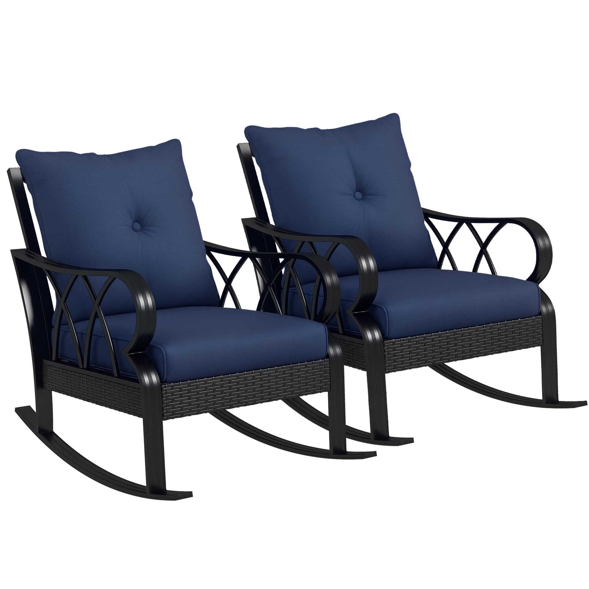 Outsunny Outdoor Wicker Rocking Chair with Padded Cushions, Aluminum Furniture Rattan Porch Rocker Chair w/Armrest for Garden, Patio, and Backyard, Navy Blue