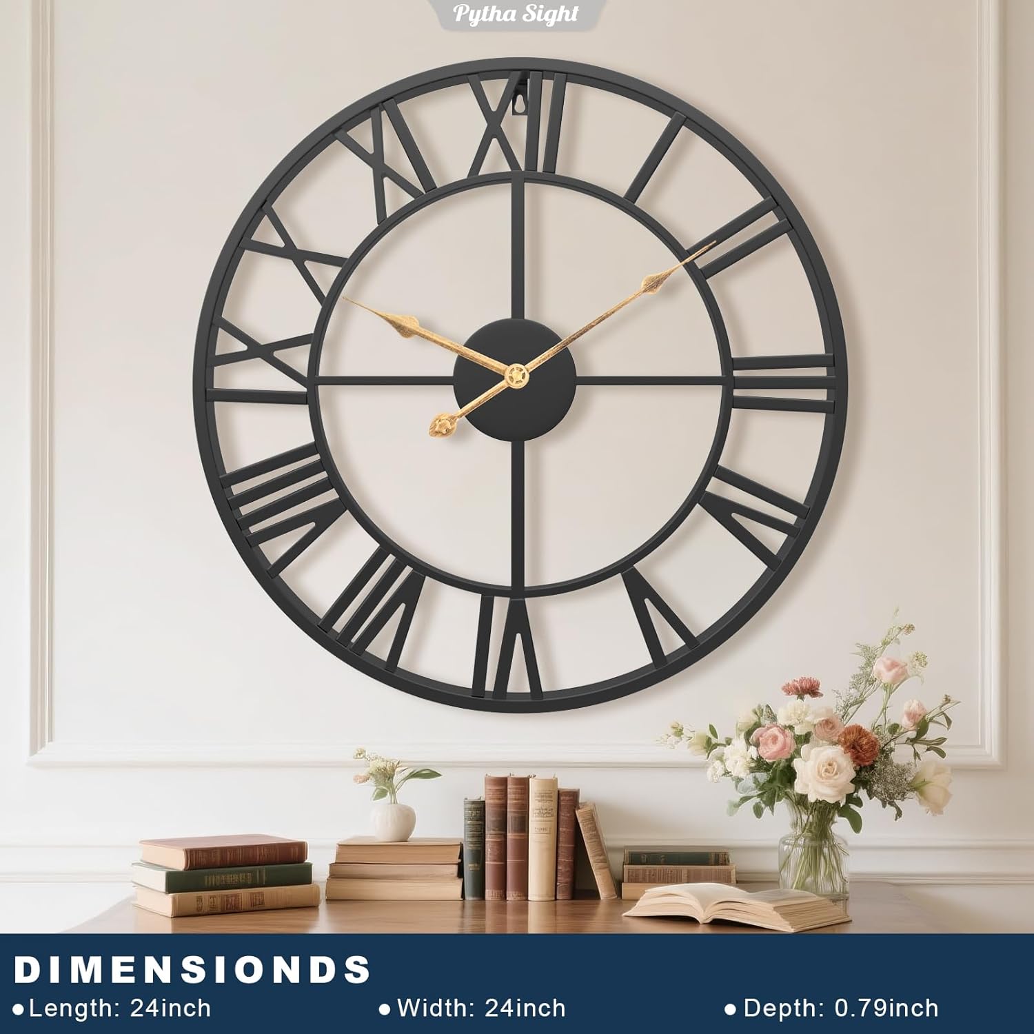 Pytha Sight 24 Inch Large Oversized Farmhouse Modern Decorative Wall Clock for Living Room,Silent Industrial Big Roman Numerals Vintage Metal Round Wall Clocks for Kitchen,Dining Room,Office